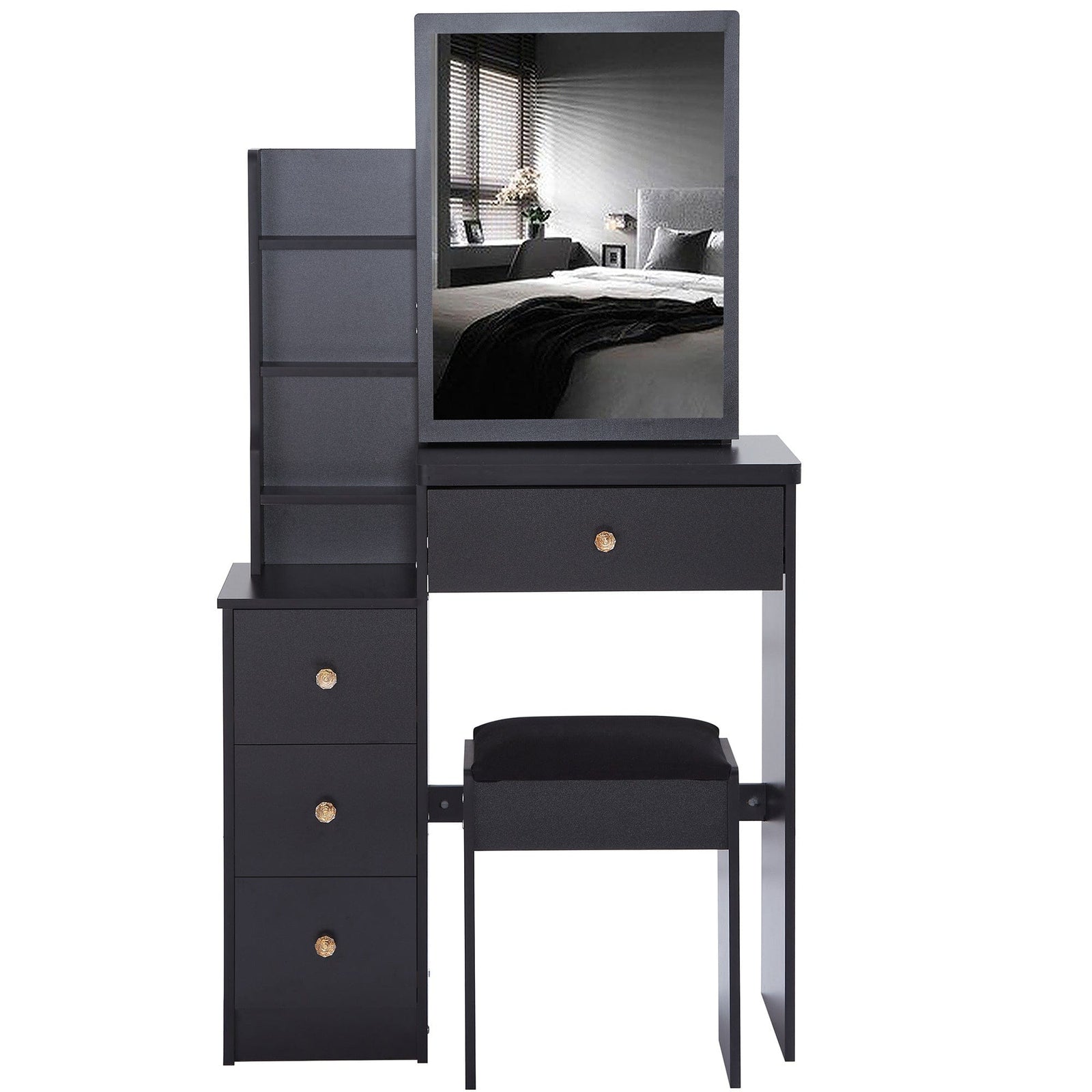 THE FURNITURE CO. Vanity Default Small Size Left Bedside Cabinet Vanity Table With Stool, Extra Large Sliding Mirror, High Capacity Multi Layer Storage, Suitable For Small Space In Black