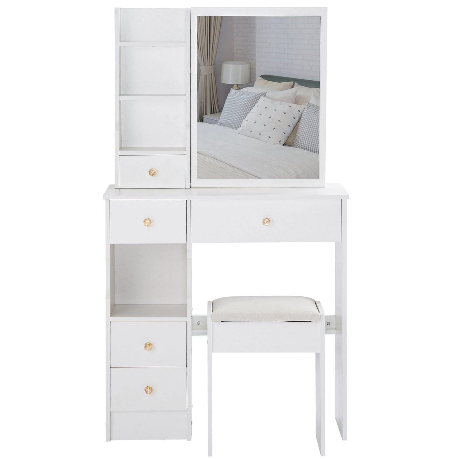 THE FURNITURE CO. Vanity Default Small Size Left Drawer Desktop Vanity Table With Cushioned Stool Extra Large Sliding Mirror High Capacity Storage Suitable For Small Space In White