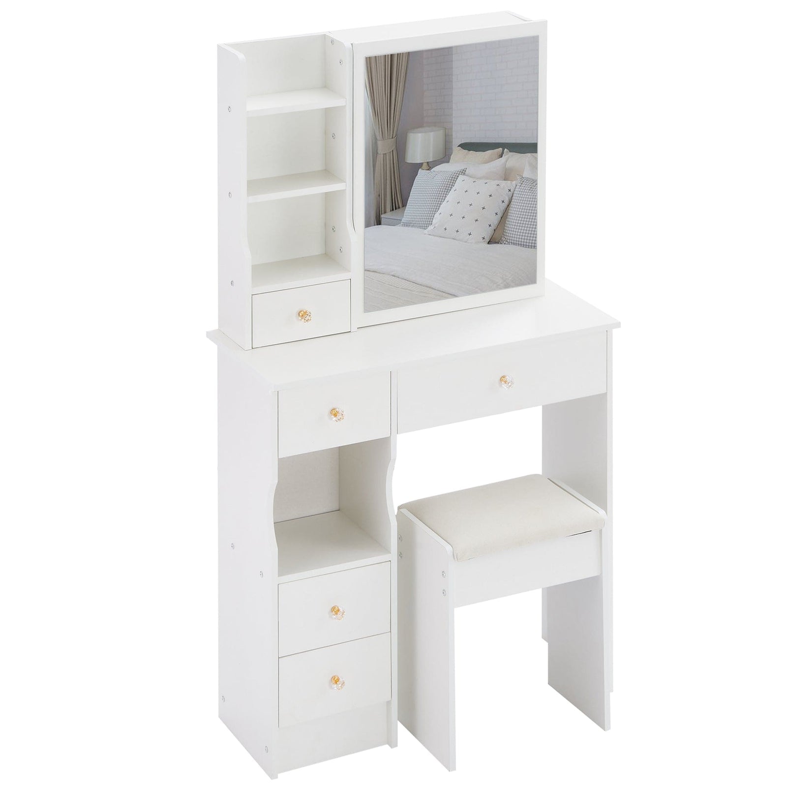 THE FURNITURE CO. Vanity Default Small Size Left Drawer Desktop Vanity Table With Cushioned Stool Extra Large Sliding Mirror High Capacity Storage Suitable For Small Space In White