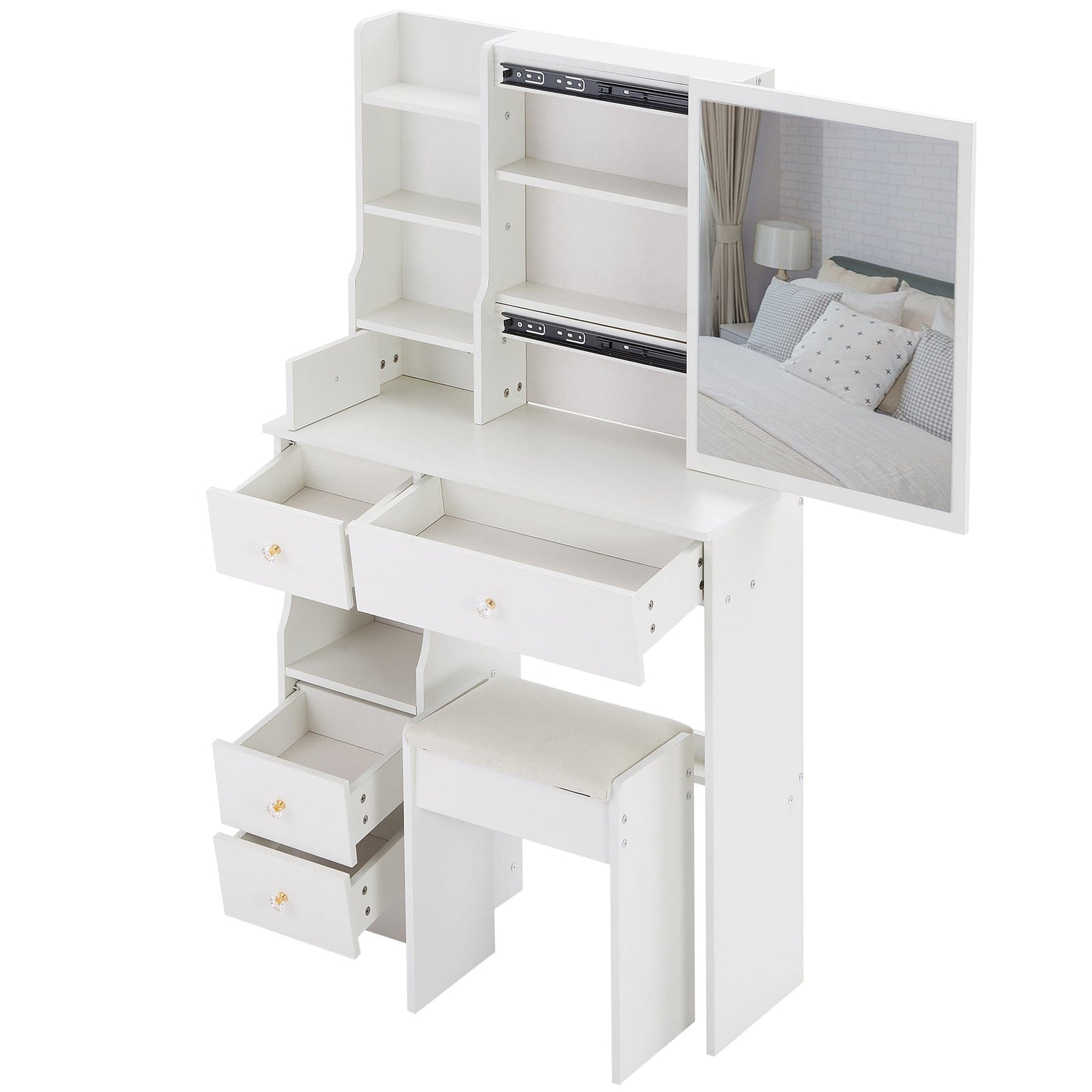 THE FURNITURE CO. Vanity Default Small Size Left Drawer Desktop Vanity Table With Cushioned Stool Extra Large Sliding Mirror High Capacity Storage Suitable For Small Space In White