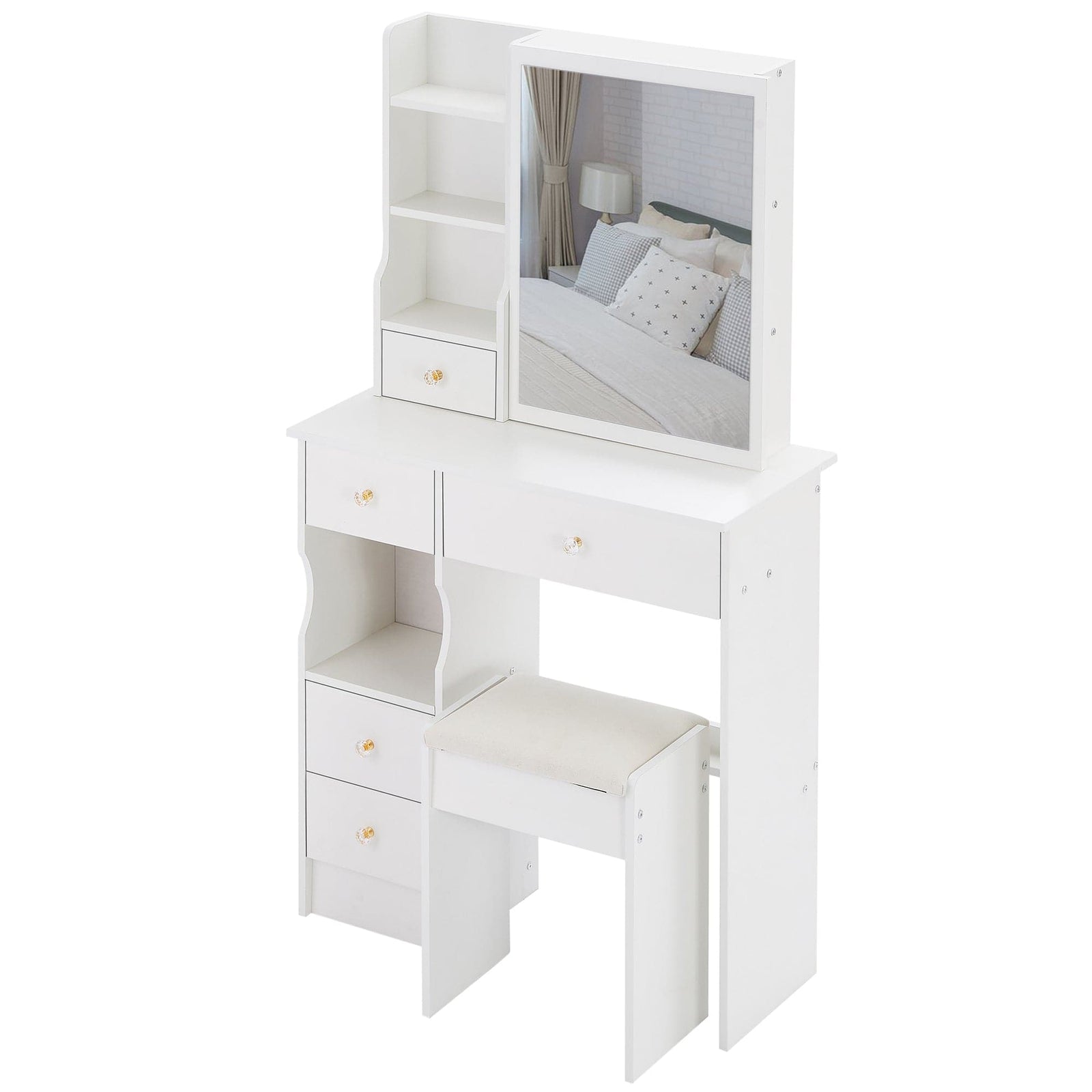 THE FURNITURE CO. Vanity Default Small Size Left Drawer Desktop Vanity Table With Cushioned Stool Extra Large Sliding Mirror High Capacity Storage Suitable For Small Space In White