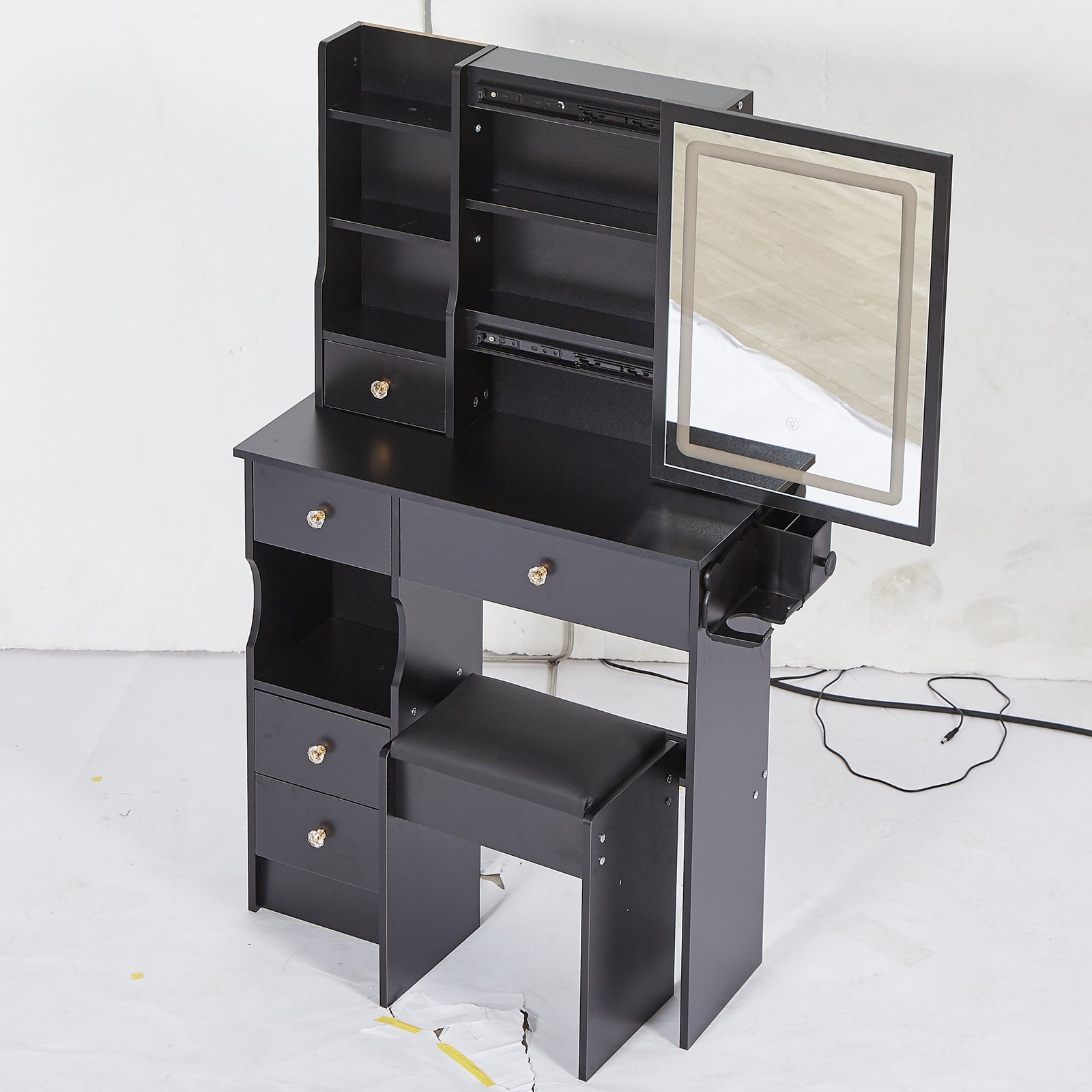 THE FURNITURE CO. Vanity Default Small Size Left Drawer Vanity Table With Cushioned Stool, 2 AC+2 USB Power, Touch Control LED Mirror, Tri-color Switching In Black