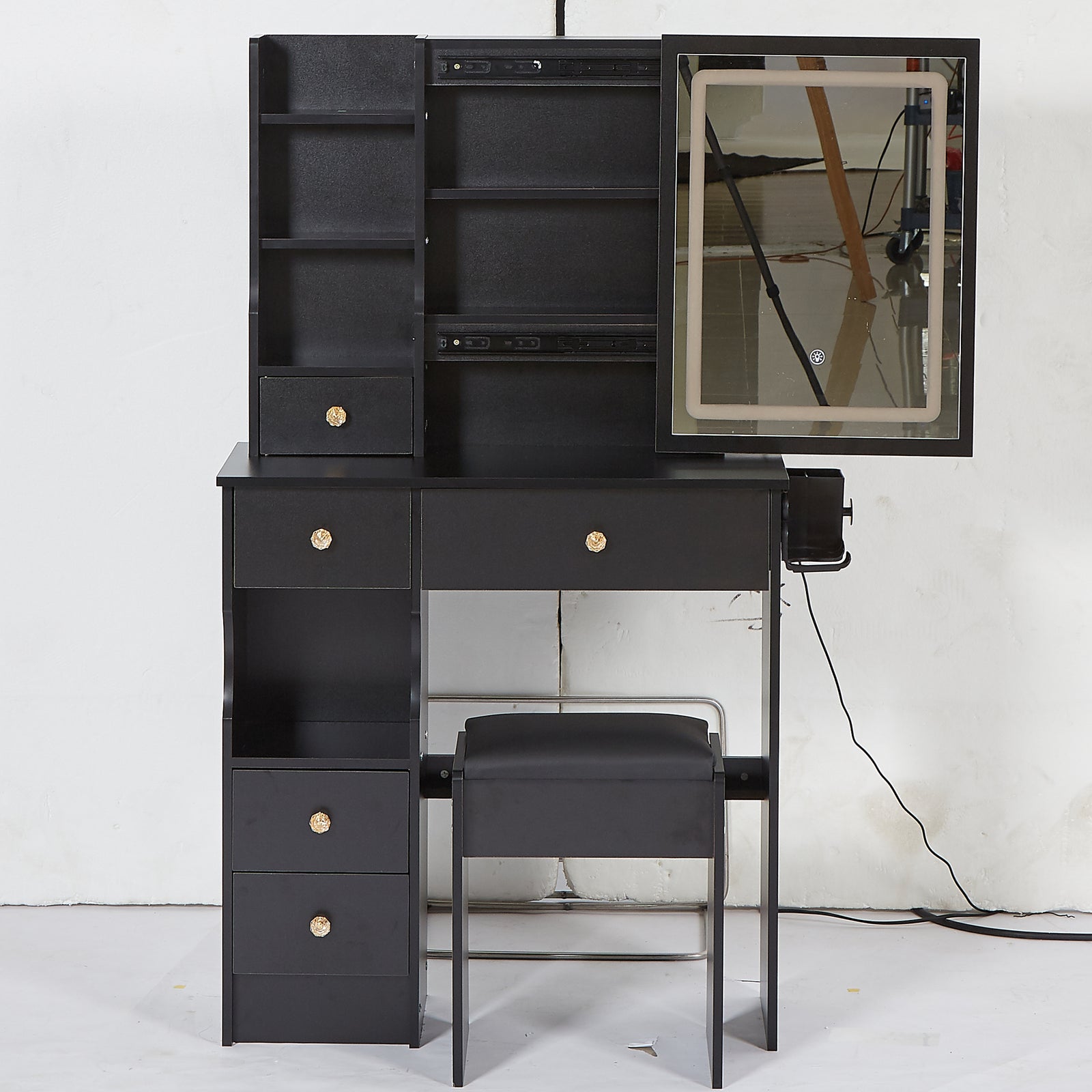 THE FURNITURE CO. Vanity Default Small Size Left Drawer Vanity Table With Cushioned Stool, 2 AC+2 USB Power, Touch Control LED Mirror, Tri-color Switching In Black