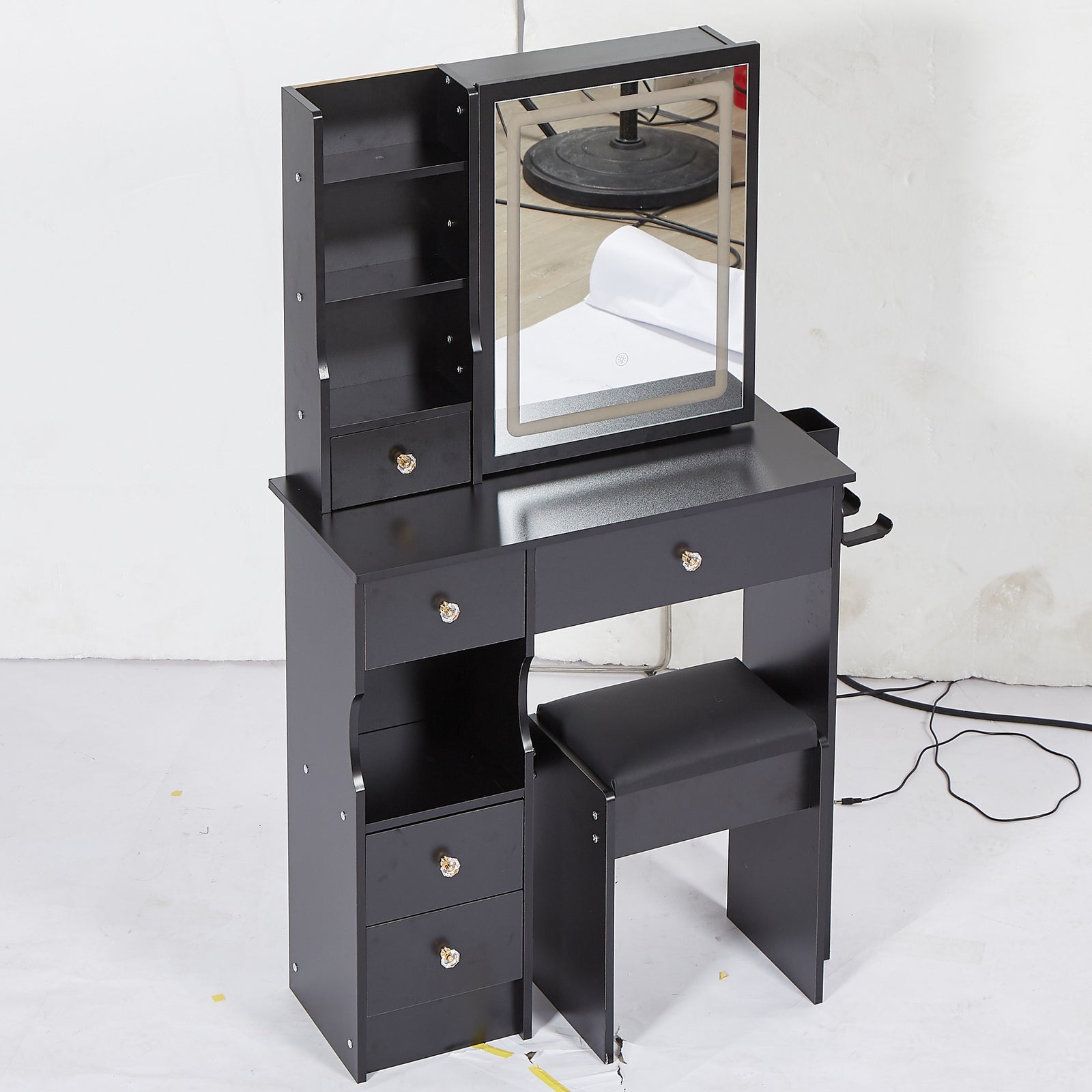 THE FURNITURE CO. Vanity Default Small Size Left Drawer Vanity Table With Cushioned Stool, 2 AC+2 USB Power, Touch Control LED Mirror, Tri-color Switching In Black