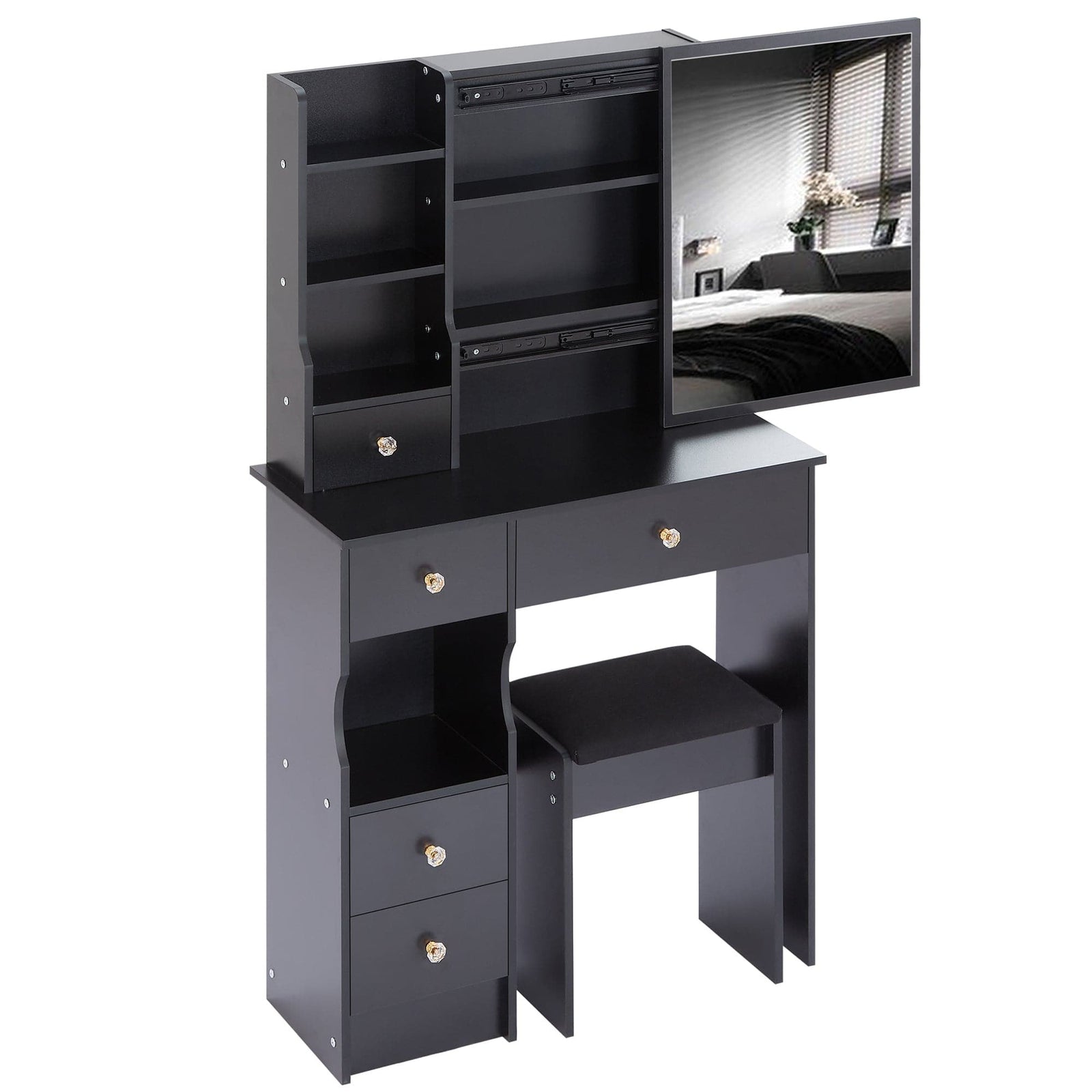 THE FURNITURE CO. Vanity Default Small Size Left Drawer Vanity Table With Cushioned Stool Multi Layer High Capacity Storage Stylish Design For Small Spaces In Black
