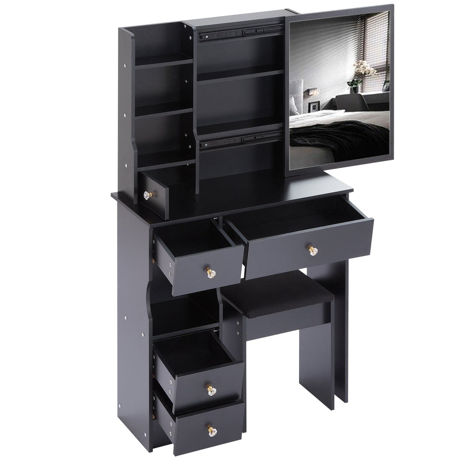 THE FURNITURE CO. Vanity Default Small Size Left Drawer Vanity Table With Cushioned Stool Multi Layer High Capacity Storage Stylish Design For Small Spaces In Black