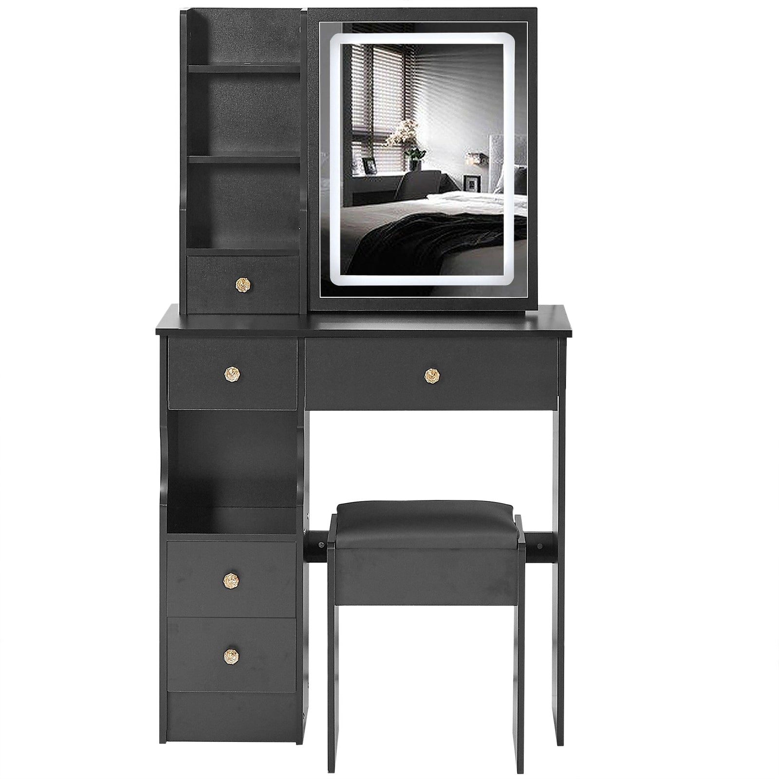 THE FURNITURE CO. Vanity Default Small Size Left Drawer Vanity Table With Cushioned Stool Touch Control LED Mirror Tri-color Switching Adjustable Brightness In Black