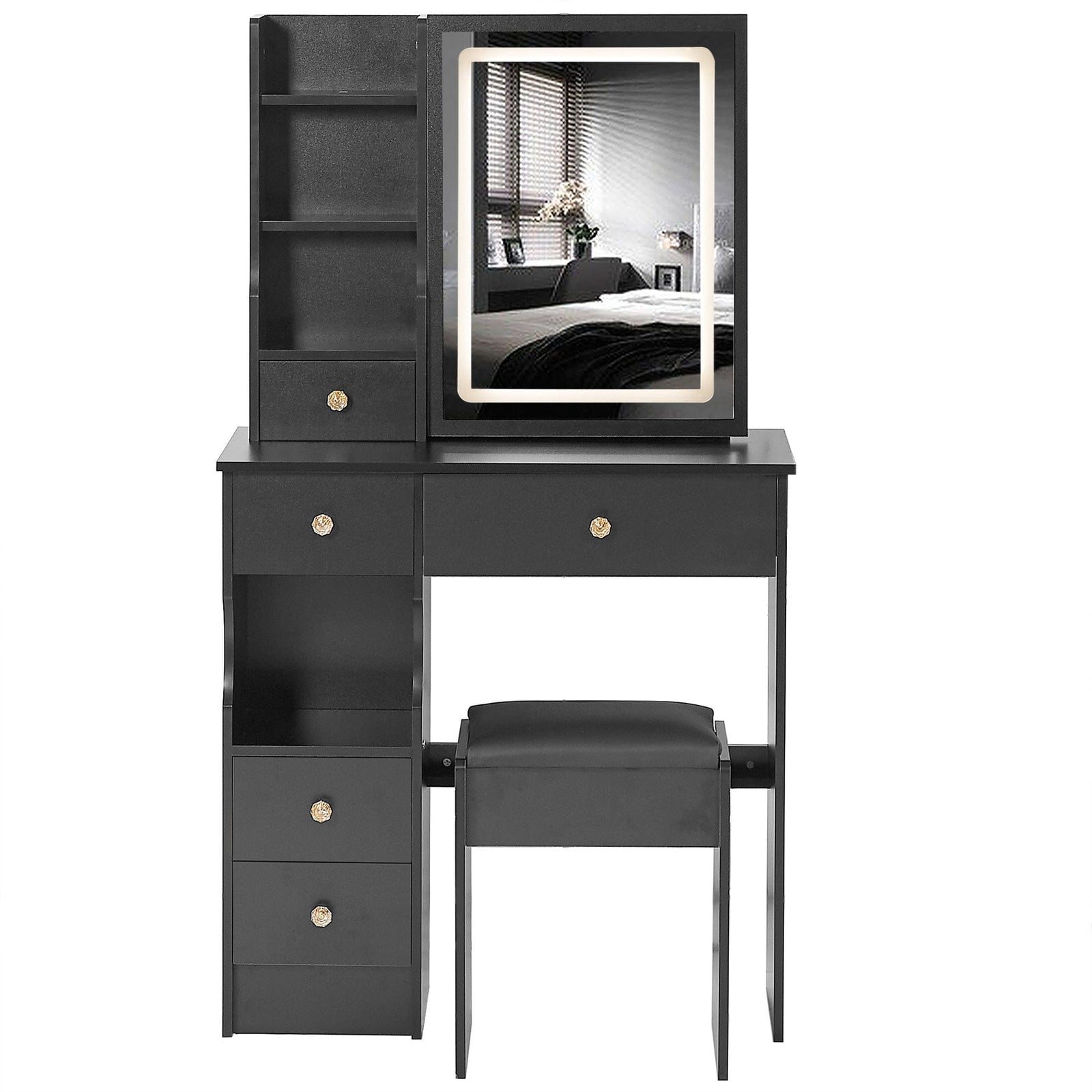 THE FURNITURE CO. Vanity Default Small Size Left Drawer Vanity Table With Cushioned Stool Touch Control LED Mirror Tri-color Switching Adjustable Brightness In Black