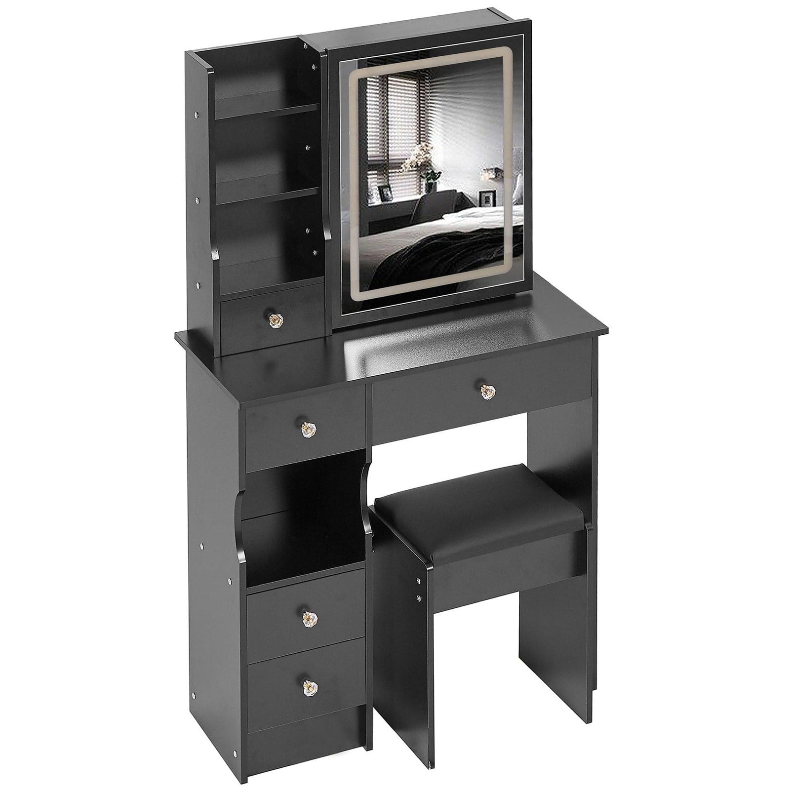THE FURNITURE CO. Vanity Default Small Size Left Drawer Vanity Table With Cushioned Stool Touch Control LED Mirror Tri-color Switching Adjustable Brightness In Black