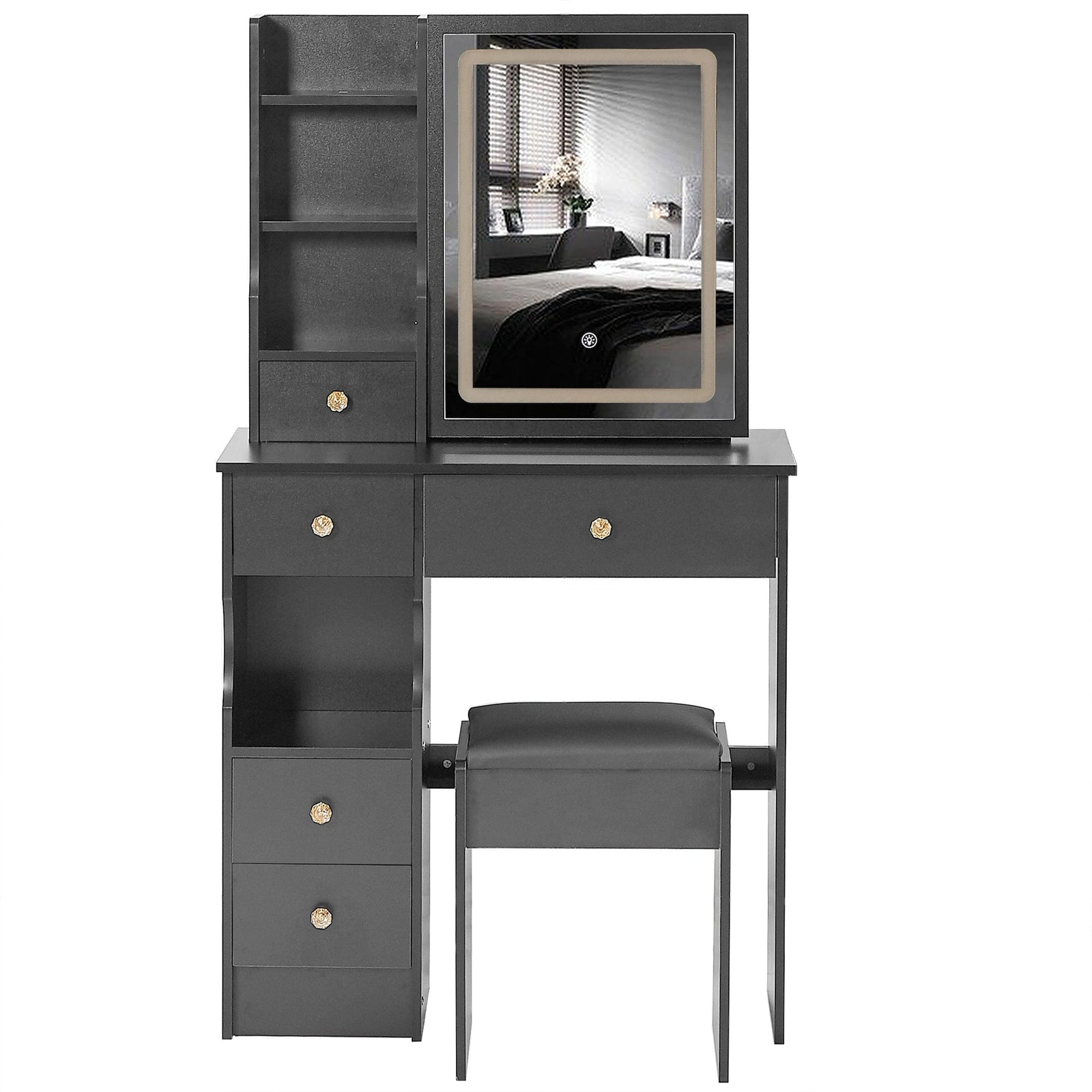 THE FURNITURE CO. Vanity Default Small Size Left Drawer Vanity Table With Cushioned Stool Touch Control LED Mirror Tri-color Switching Adjustable Brightness In Black