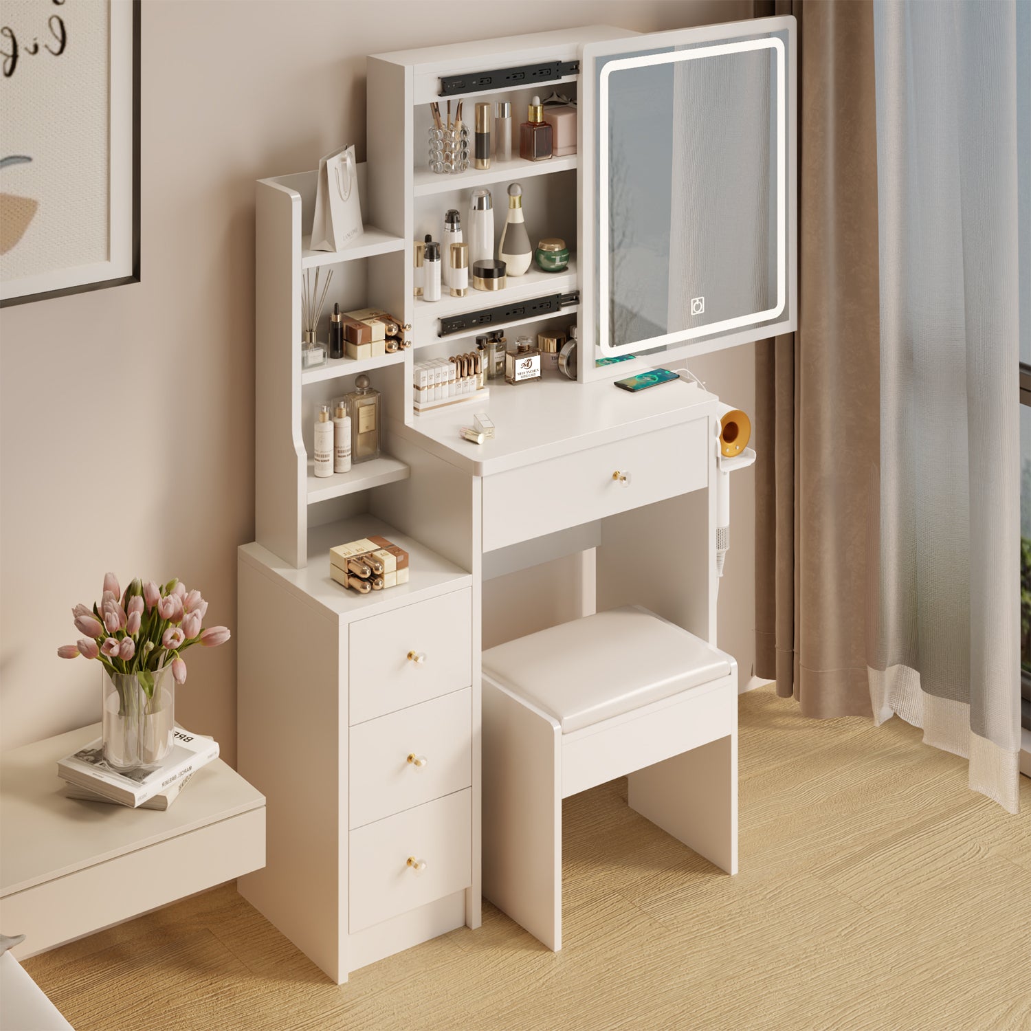 THE FURNITURE CO. Vanity Default Small Space Left Bedside Cabinet Vanity Table With Cushioned Stool, 2 AC+2 USB Power Station, Extra Large Touch Control LED Mirror In White