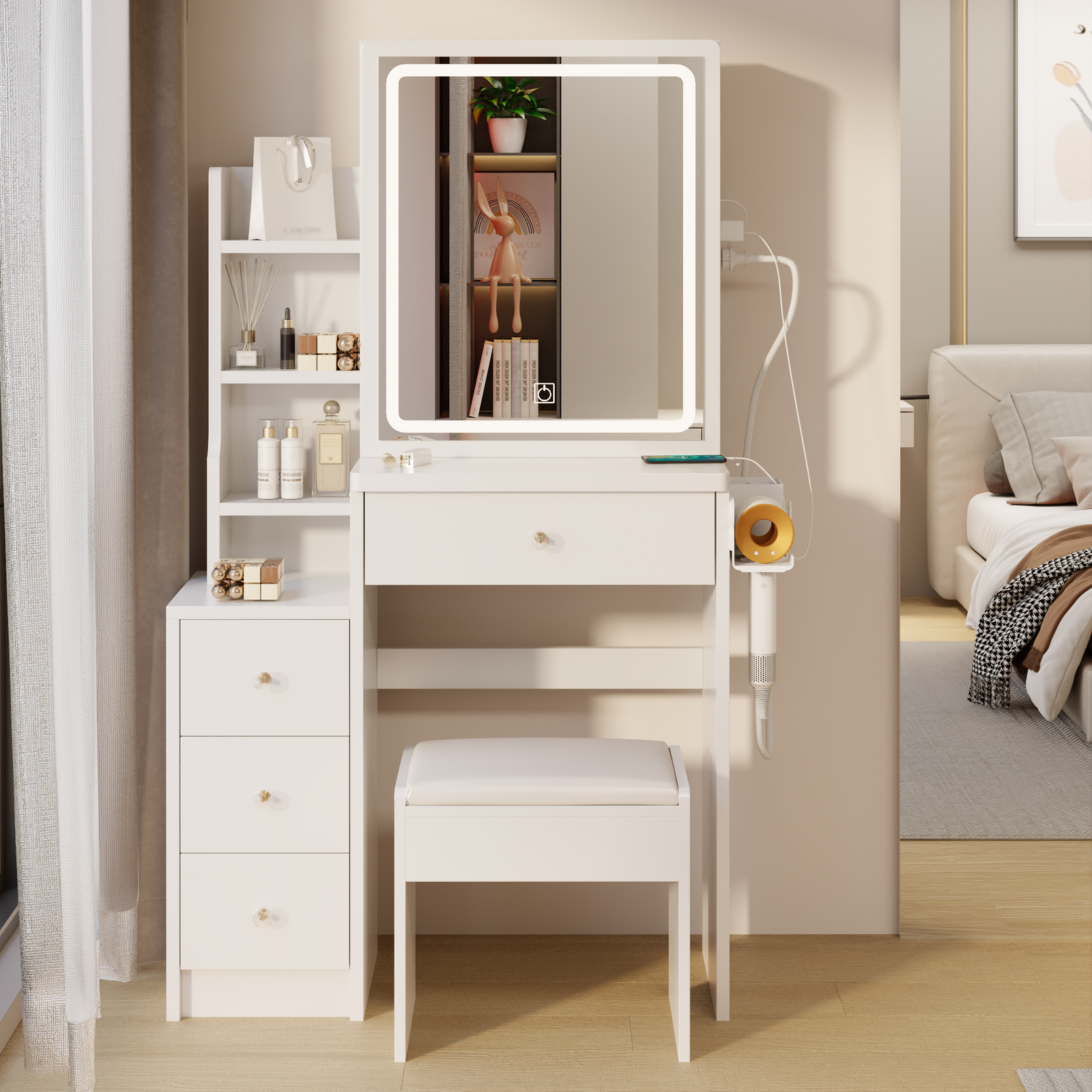 THE FURNITURE CO. Vanity Default Small Space Left Bedside Cabinet Vanity Table With Cushioned Stool, 2 AC+2 USB Power Station, Touch Control LED Mirror In White