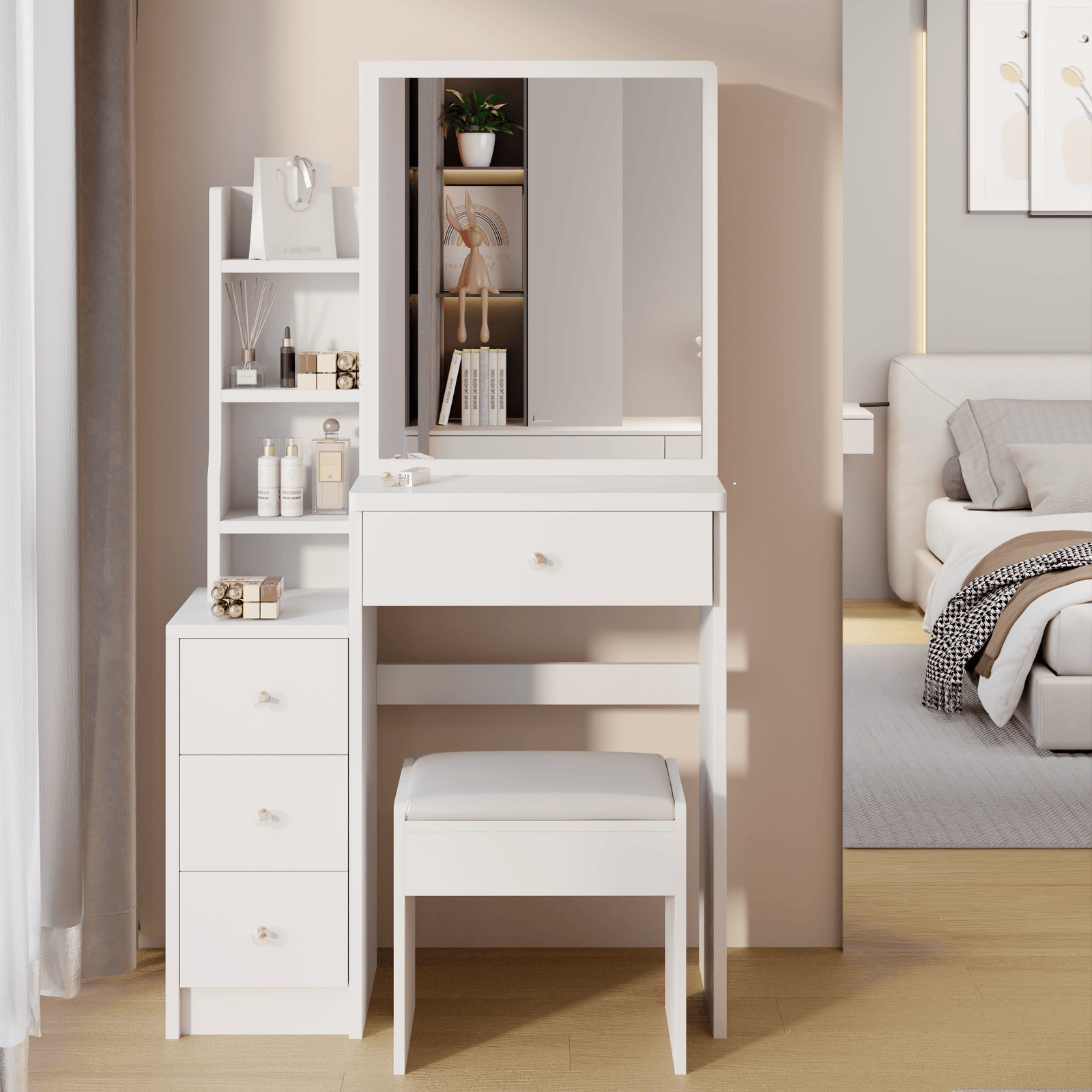 THE FURNITURE CO. Vanity Default Small Space Left Bedside Cabinet Vanity Table With Cushioned Stool Extra Large Right Sliding Mirror Multi Layer Storage Practical Dresser In White