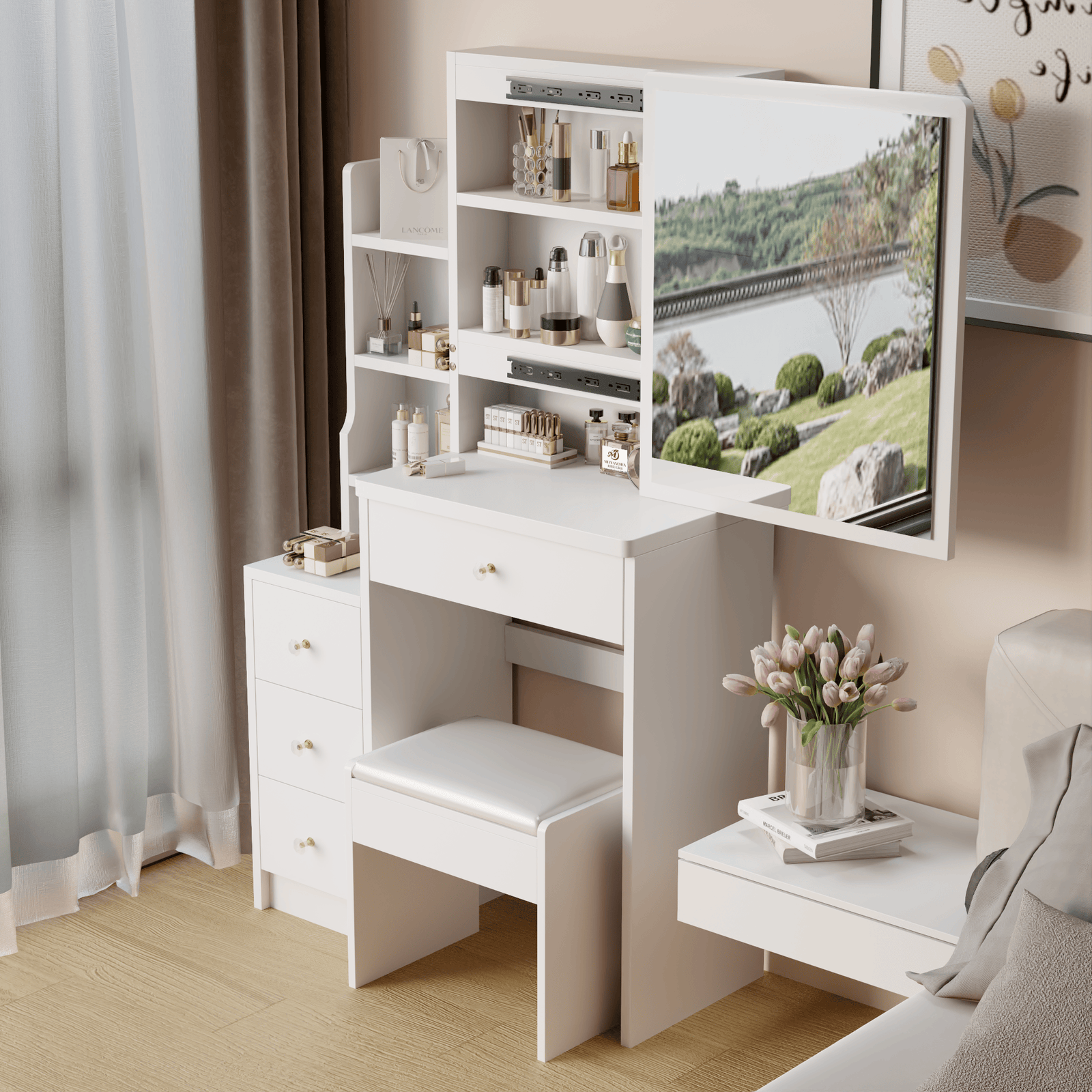 THE FURNITURE CO. Vanity Default Small Space Left Bedside Cabinet Vanity Table With Cushioned Stool Extra Large Right Sliding Mirror Multi Layer Storage Practical Dresser In White