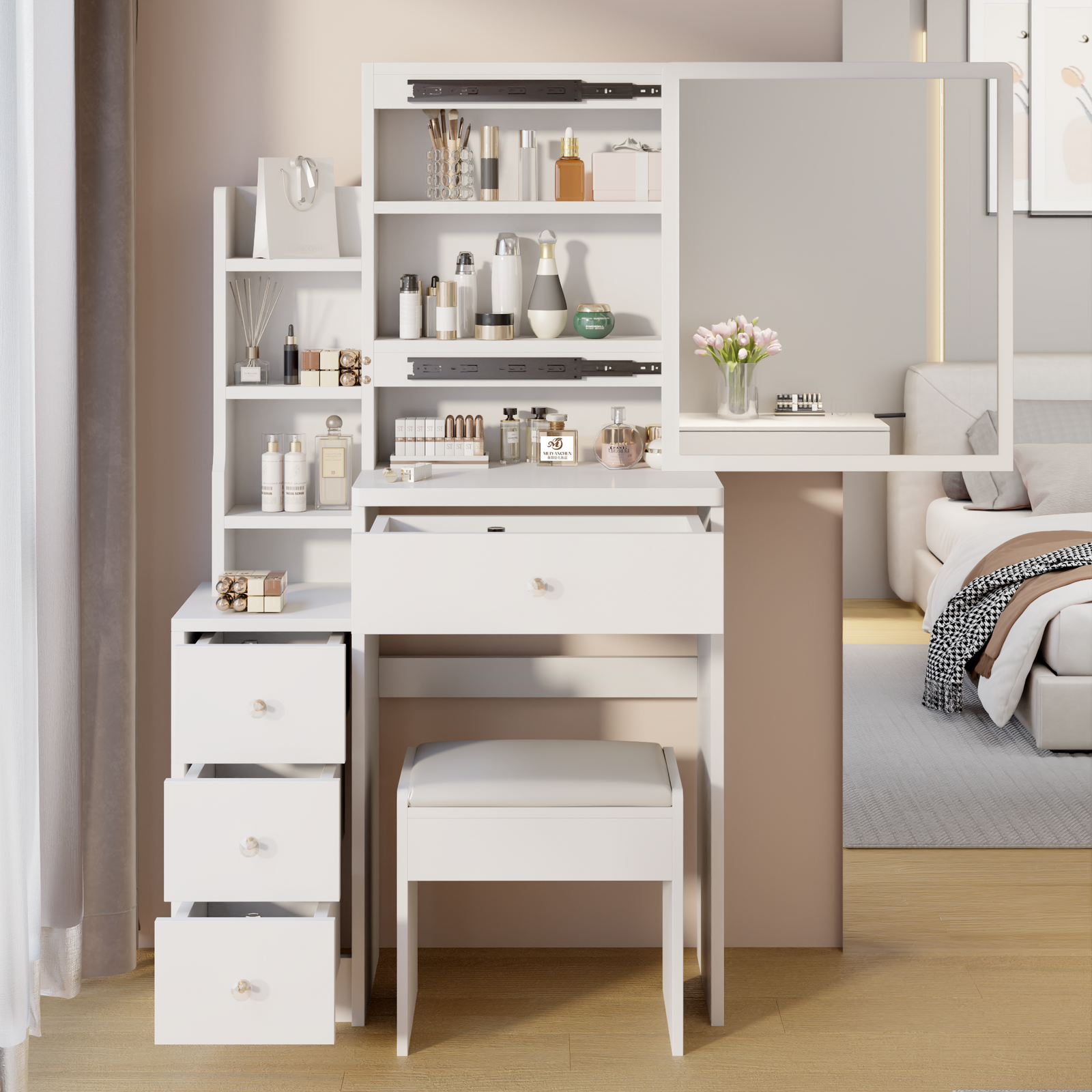 THE FURNITURE CO. Vanity Default Small Space Left Bedside Cabinet Vanity Table With Cushioned Stool Extra Large Right Sliding Mirror Multi Layer Storage Practical Dresser In White