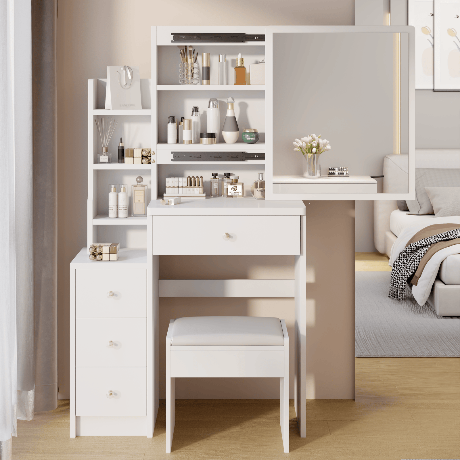 THE FURNITURE CO. Vanity Default Small Space Left Bedside Cabinet Vanity Table With Cushioned Stool Extra Large Right Sliding Mirror Multi Layer Storage Practical Dresser In White