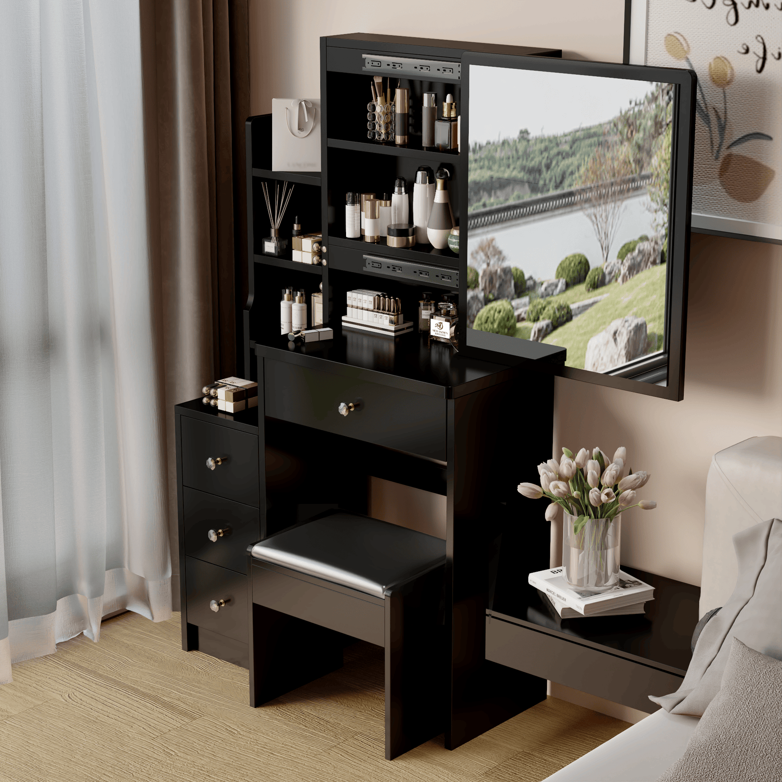 THE FURNITURE CO. Vanity Default Small Space Left Bedside Cabinet Vanity Table With Cushioned Stool Extra Large Sliding Mirror Multi Layer Storage Practical Dresser In Black