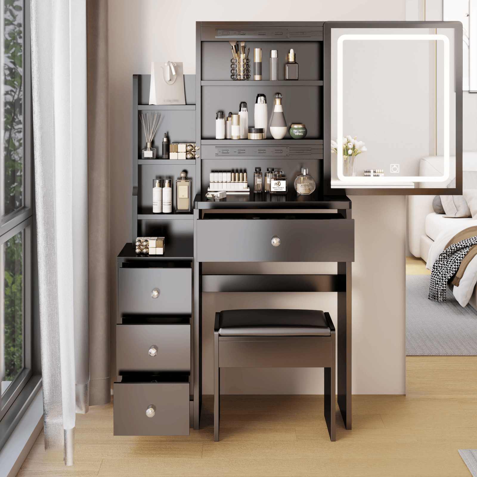 THE FURNITURE CO. Vanity Default Small Space Left Bedside Cabinet Vanity Table with Cushioned Stool Extra Large Touch Control LED Mirror Tri-color Brightness Adjustable In Black