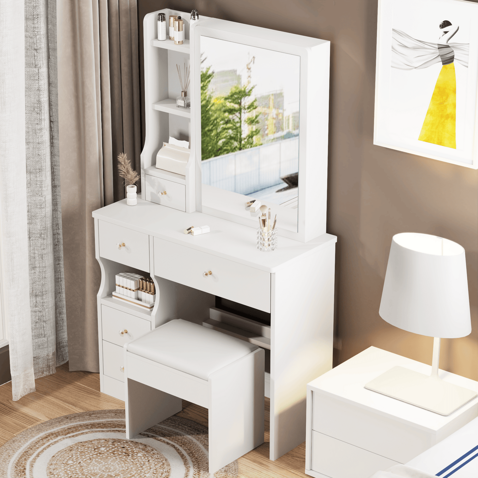 THE FURNITURE CO. Vanity Default Small Space Left Drawer Desktop Vanity Table With Cushioned Stool Extra Large Right Sliding Mirror Multi Layer Storage In White