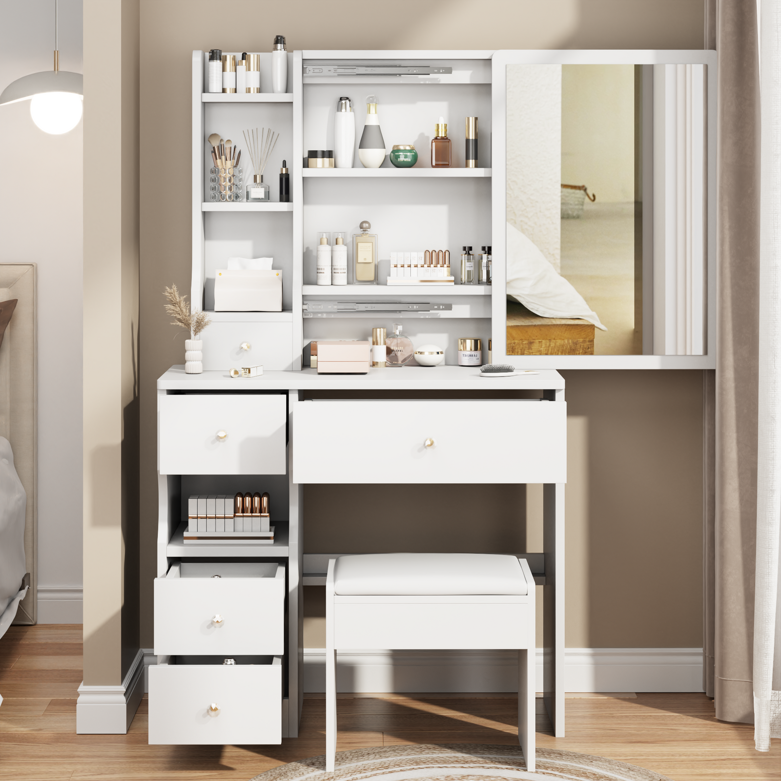 THE FURNITURE CO. Vanity Default Small Space Left Drawer Desktop Vanity Table With Cushioned Stool Extra Large Right Sliding Mirror Multi Layer Storage In White