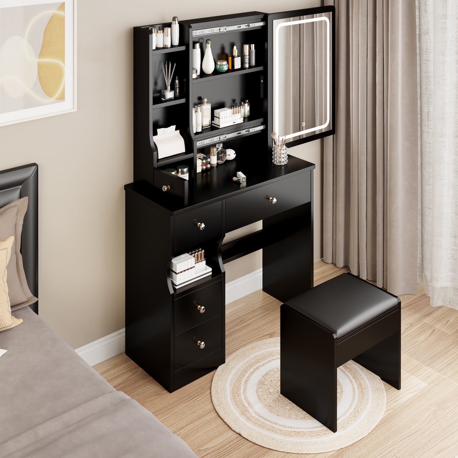 THE FURNITURE CO. Vanity Default Small Space Left Drawer Vanity Table With Cushioned Stool Extra Large LED Mirror Tri-color Brightness Adjustable For Girls Up To 5.6ft Tall In Black
