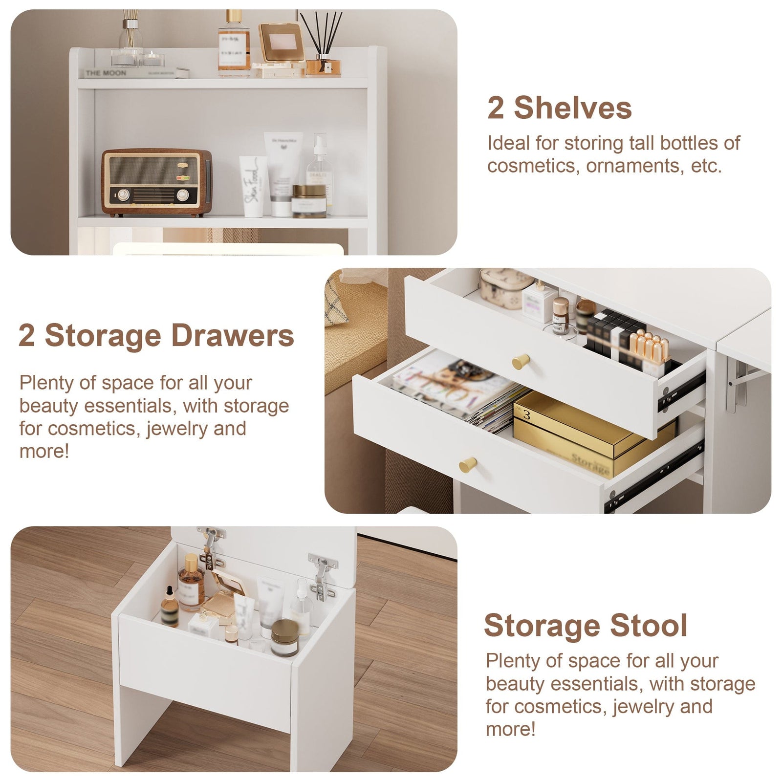 THE FURNITURE CO. Vanity Default Small Space Vanity Table Set with Lighted Mirror and Storage Chair In White