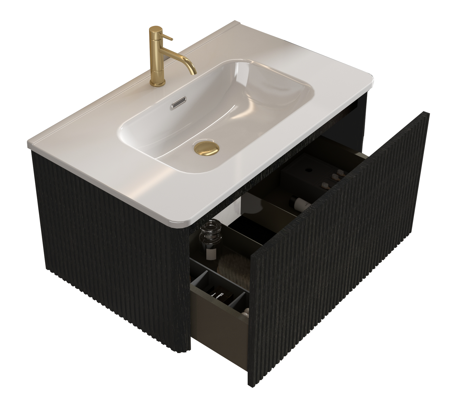 THE FURNITURE CO. Vanity Default Striped Brushed Black Oak Floating Bathroom Vanity with White Ceramic Sink In Black