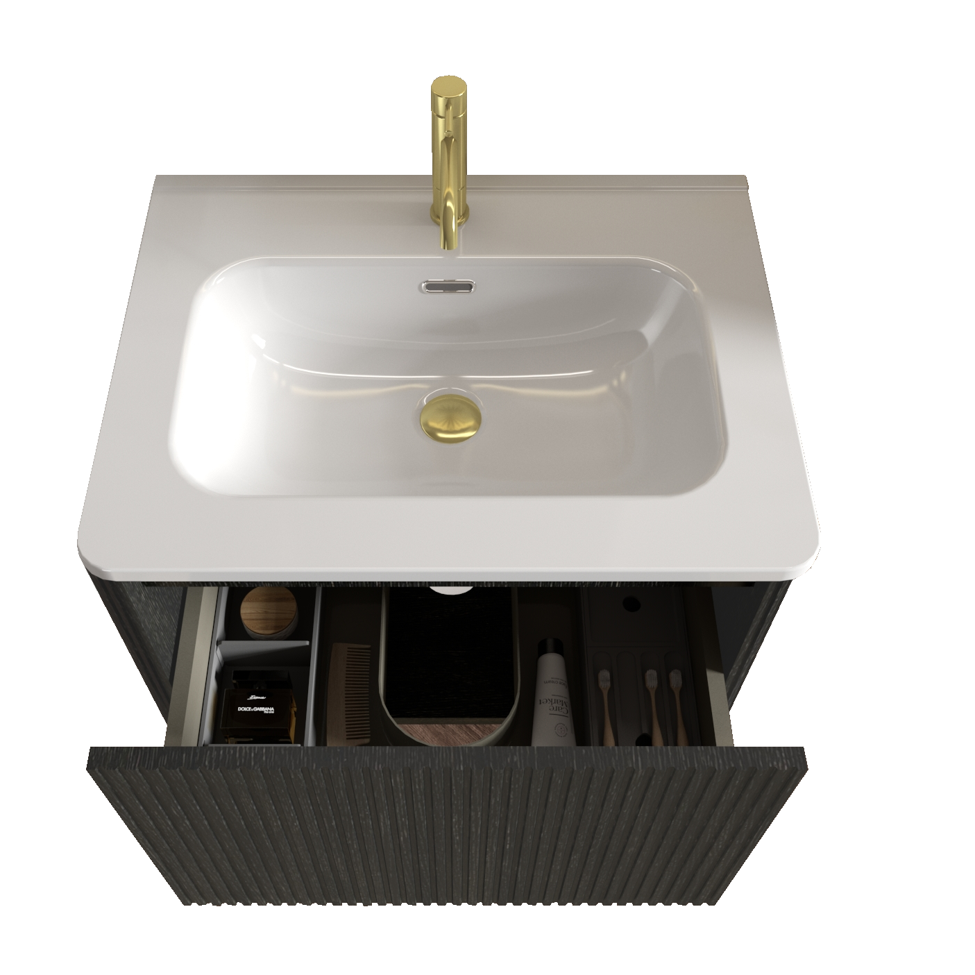 THE FURNITURE CO. Vanity Default Striped Brushed Black Oak Floating Bathroom Vanity with White Ceramic Sink In Black