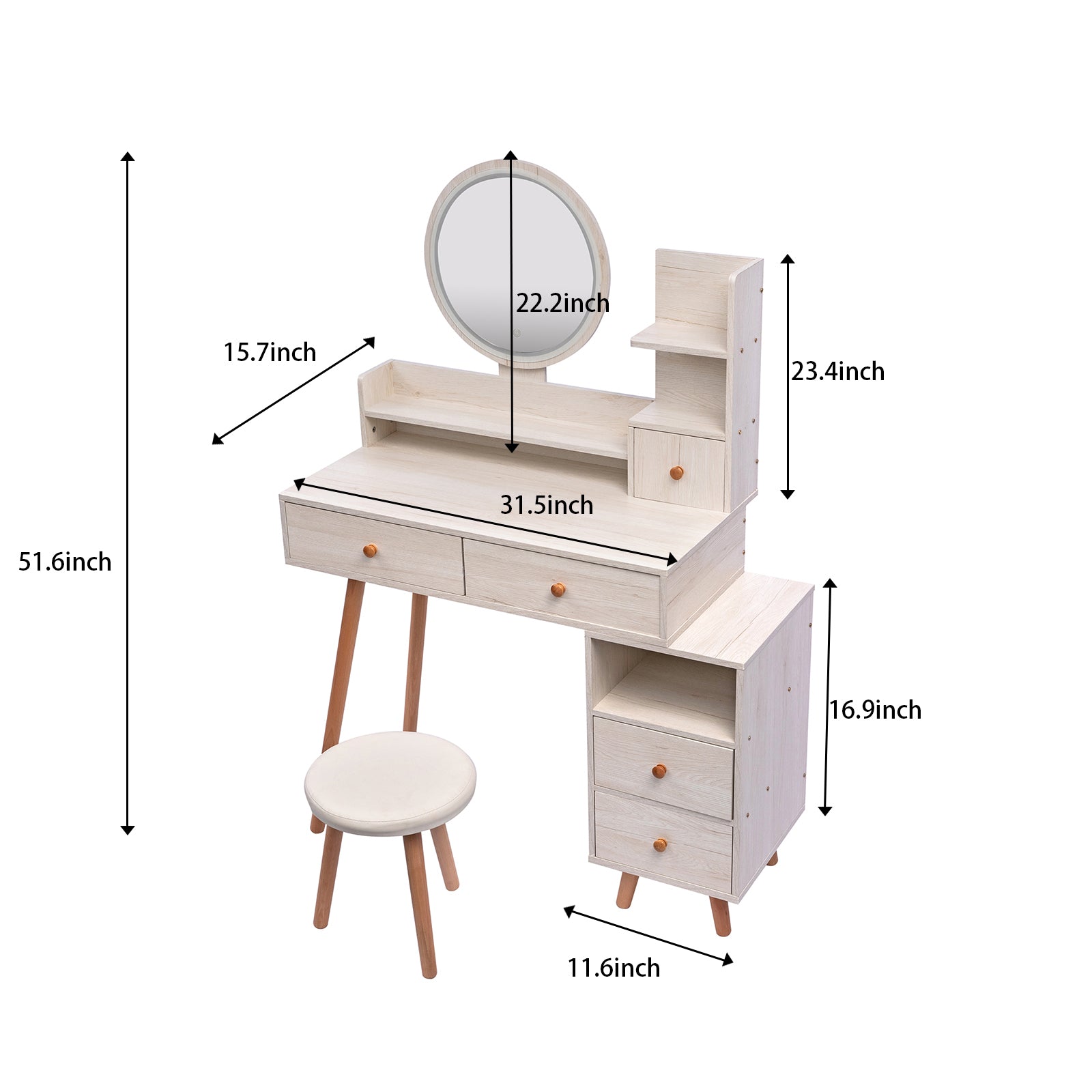 THE FURNITURE CO. Vanity Default Stylish Vanity Table With Cushioned Stool And LED Mirror, Large Capacity Storage Cabinet With 5 Drawers In American White Oak