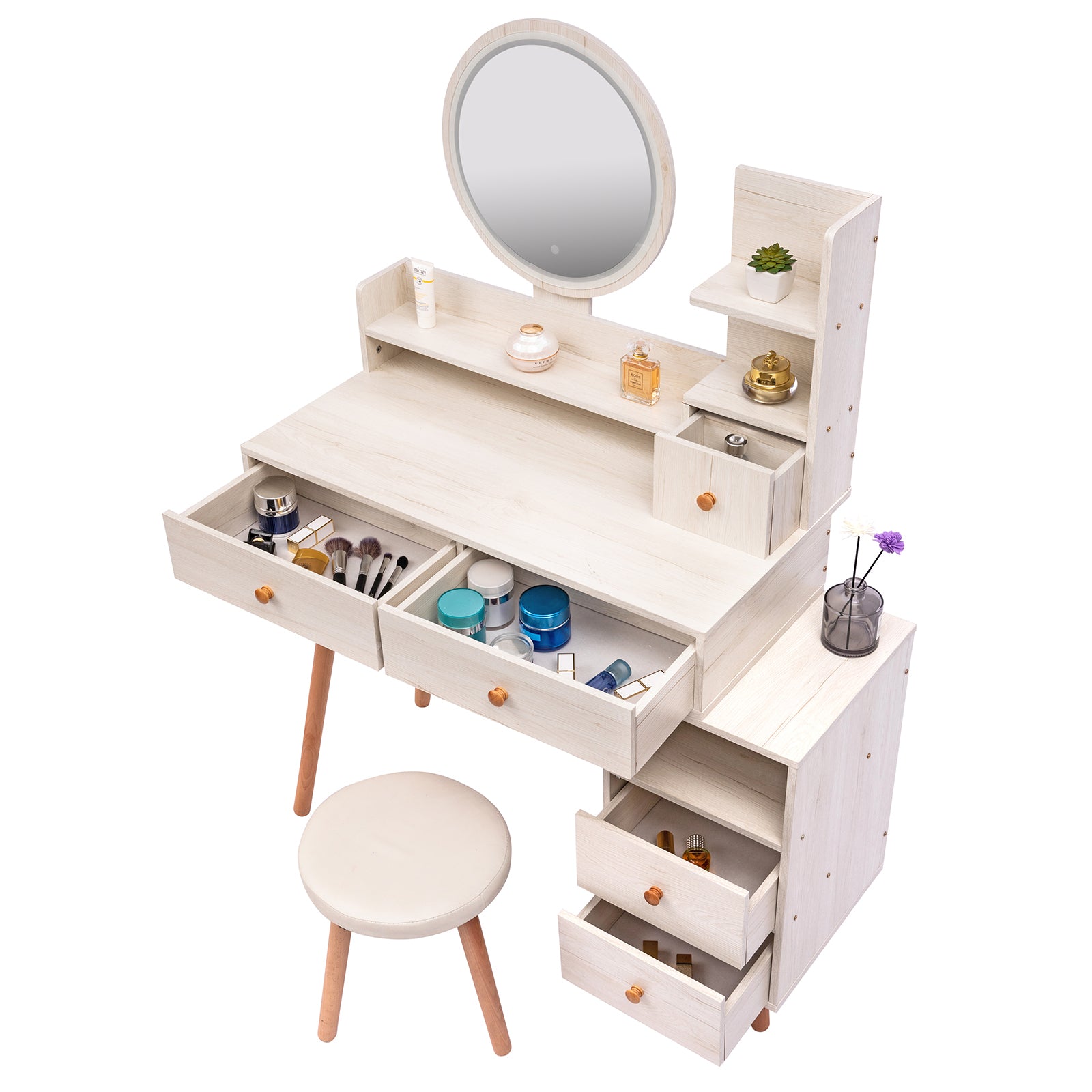 THE FURNITURE CO. Vanity Default Stylish Vanity Table With Cushioned Stool And LED Mirror, Large Capacity Storage Cabinet With 5 Drawers In American White Oak