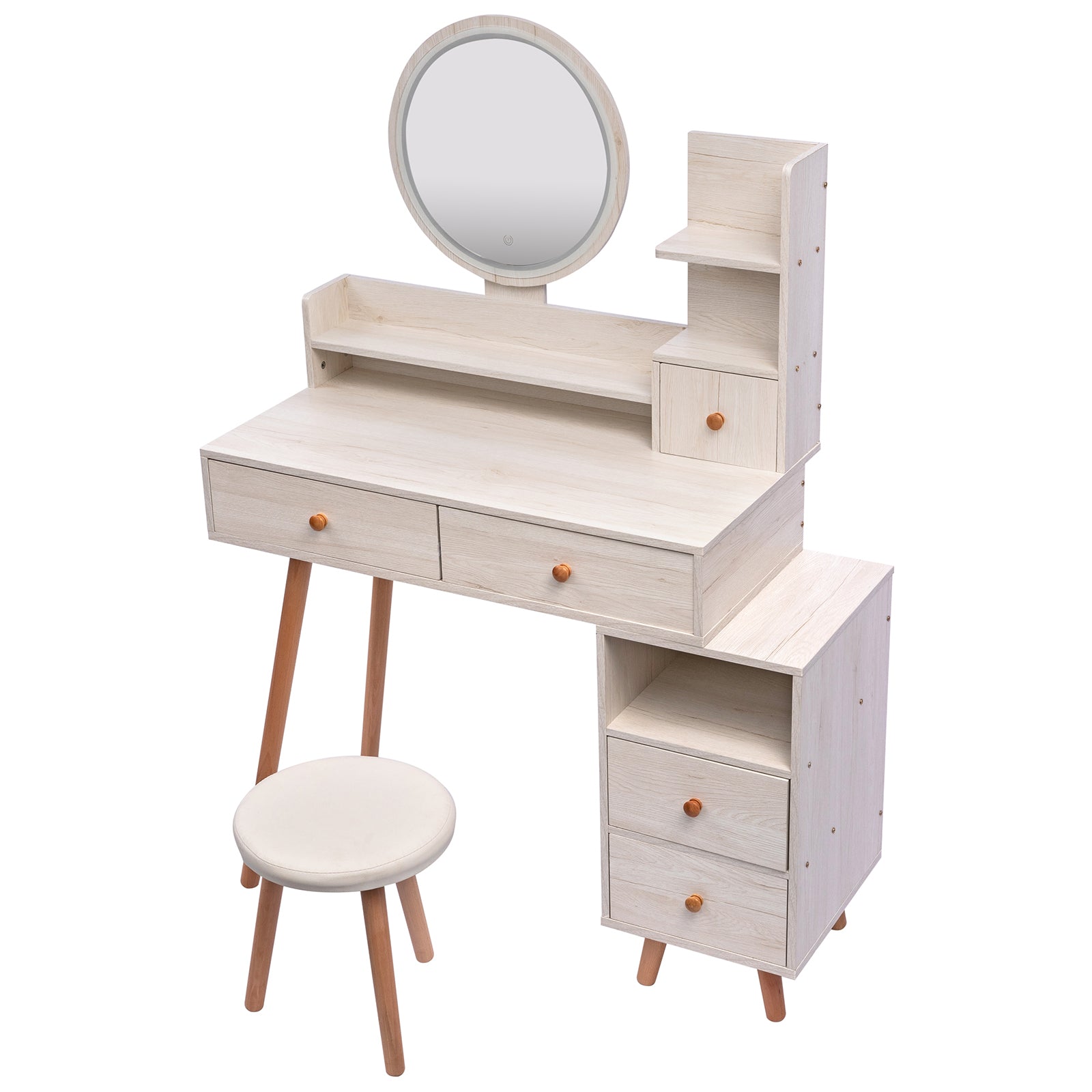 THE FURNITURE CO. Vanity Default Stylish Vanity Table With Cushioned Stool And LED Mirror, Large Capacity Storage Cabinet With 5 Drawers In American White Oak