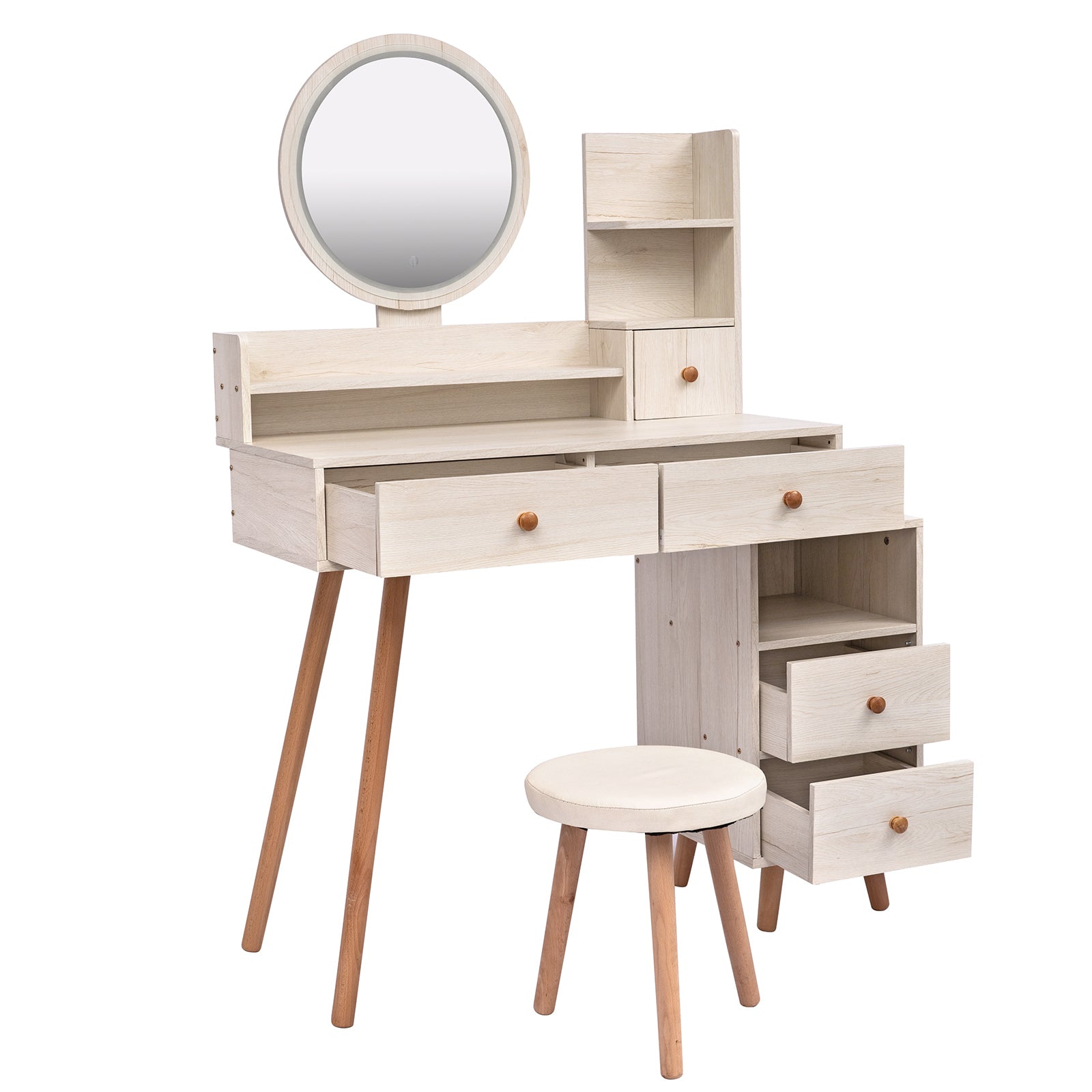 THE FURNITURE CO. Vanity Default Stylish Vanity Table With Cushioned Stool And LED Mirror, Large Capacity Storage Cabinet With 5 Drawers In American White Oak