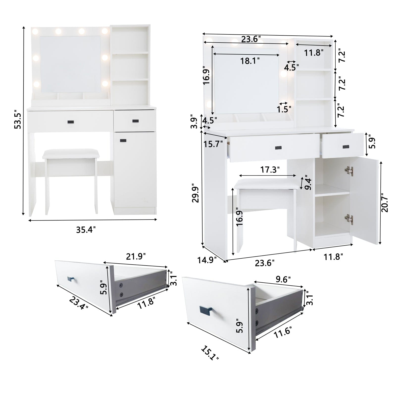 THE FURNITURE CO. Vanity Default Vanity Desk with Lights and Adjustable Mirror for Makeup Storage with Large Drawers and Shelves In White