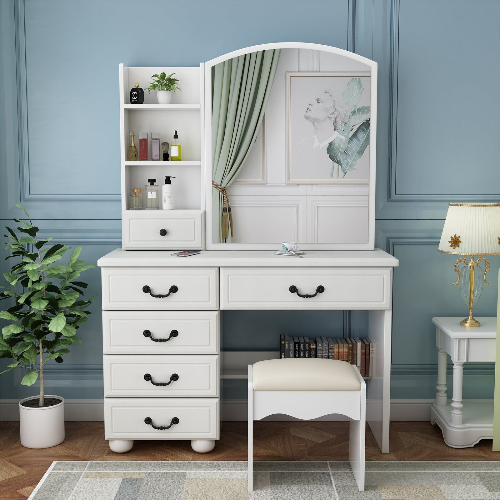 THE FURNITURE CO. Vanity Default Vanity Desk with Mirror and Adjustable Lights for Makeup with 6 Drawers In White