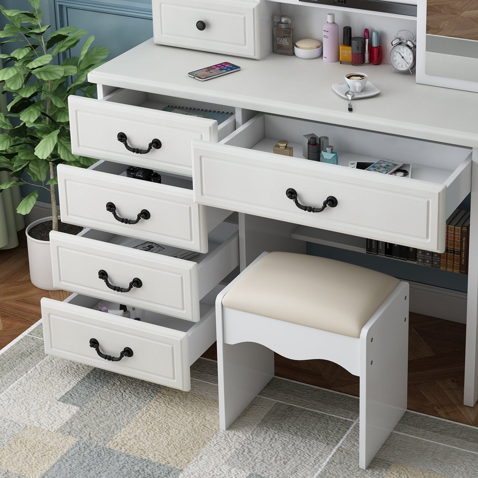 THE FURNITURE CO. Vanity Default Vanity Desk with Mirror and Adjustable Lights for Makeup with 6 Drawers In White