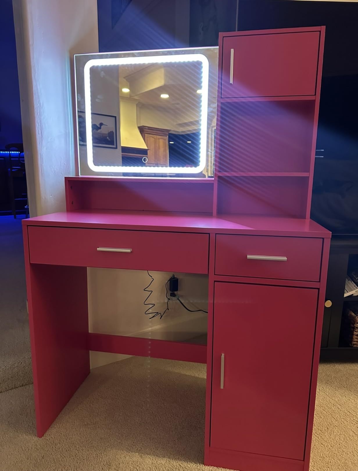 THE FURNITURE CO. Vanity Default Vanity Desk with Mirror and LED Light Strip for Makeup, Large Drawer and 3 Level Storage, Adjustable Brightness In Rose Pink