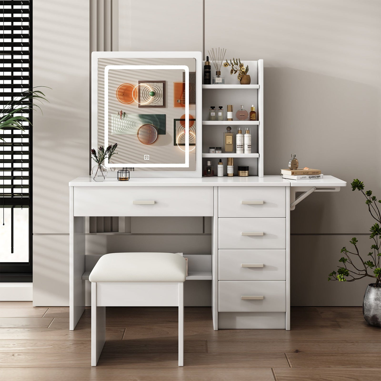 THE FURNITURE CO. Vanity Default Vanity Desk with Mirror and Lights for Makeup with 5 Drawers and Open Shelves Adjustable Brightness In White