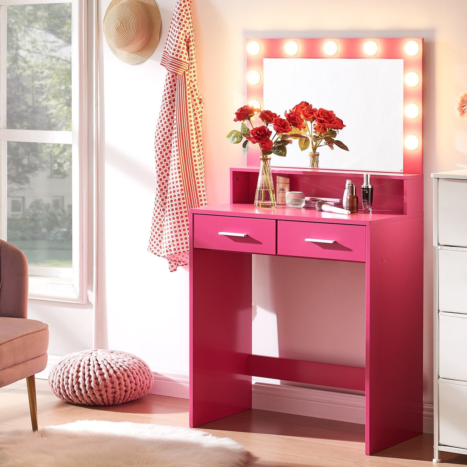 THE FURNITURE CO. Vanity Default Vanity Desk with Mirror and Lights, Large Drawer, 3 Lighting Modes for Makeup in Rose Pink