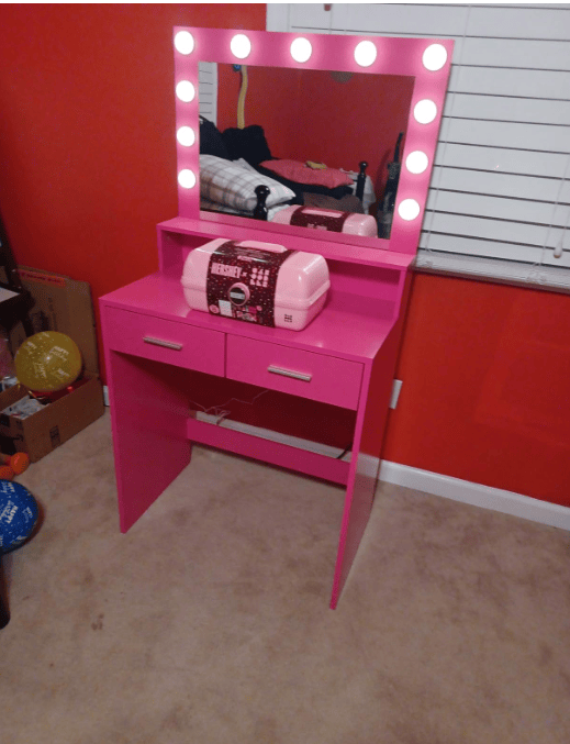 THE FURNITURE CO. Vanity Default Vanity Desk with Mirror and Lights, Large Drawer, 3 Lighting Modes for Makeup in Rose Pink