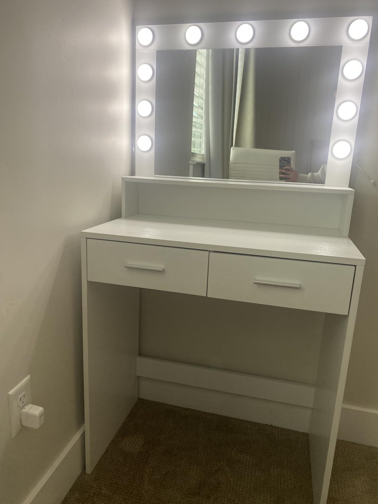 THE FURNITURE CO. Vanity Default Vanity Desk with Mirror and Lights, Large Drawer Dresser with 3 Adjustable Brightness Modes for Organized Bedroom In White