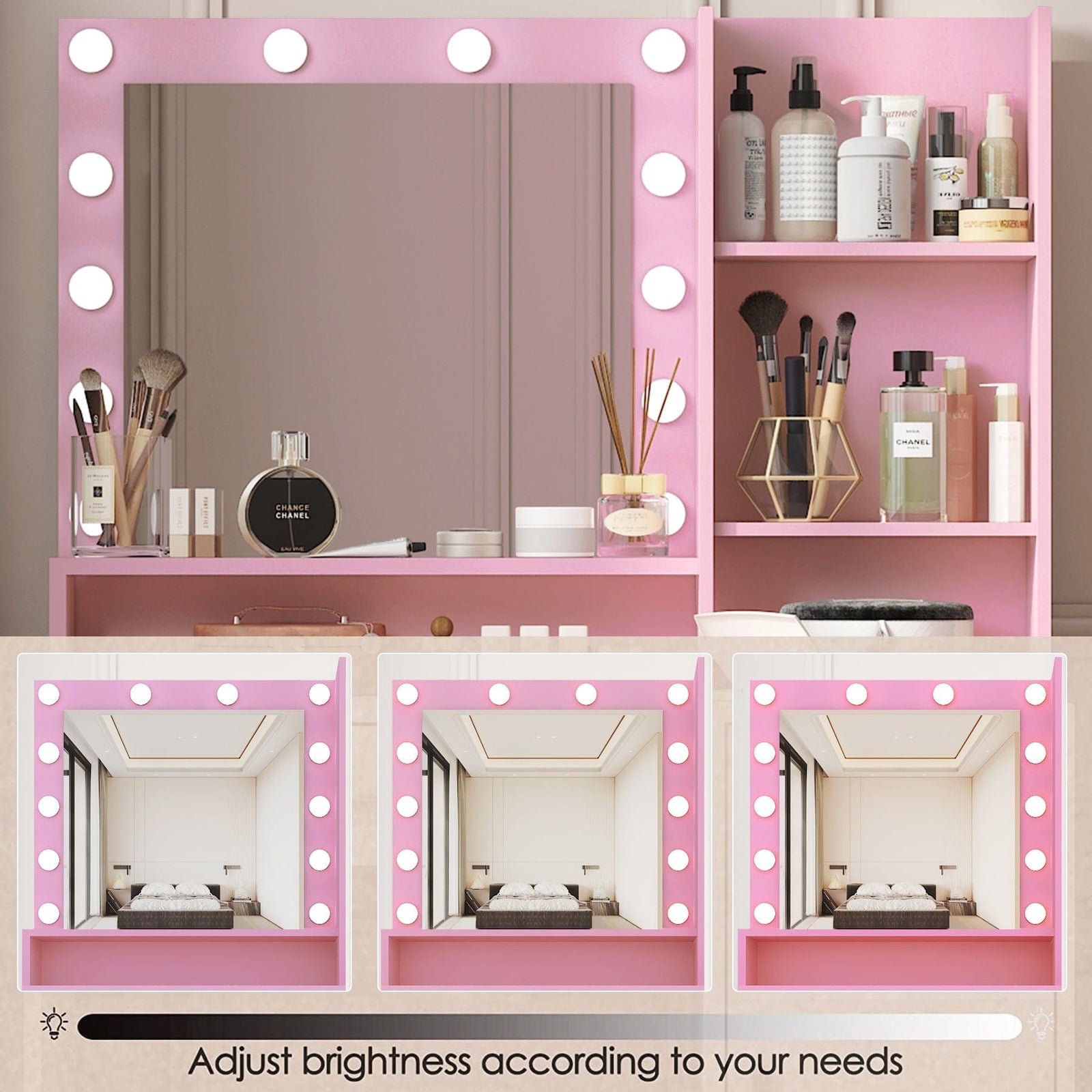 THE FURNITURE CO. Vanity Default Vanity Desk with Mirror & Light, Adjustable Brightness, Large Drawer Three Level Storage Dresser In Pink