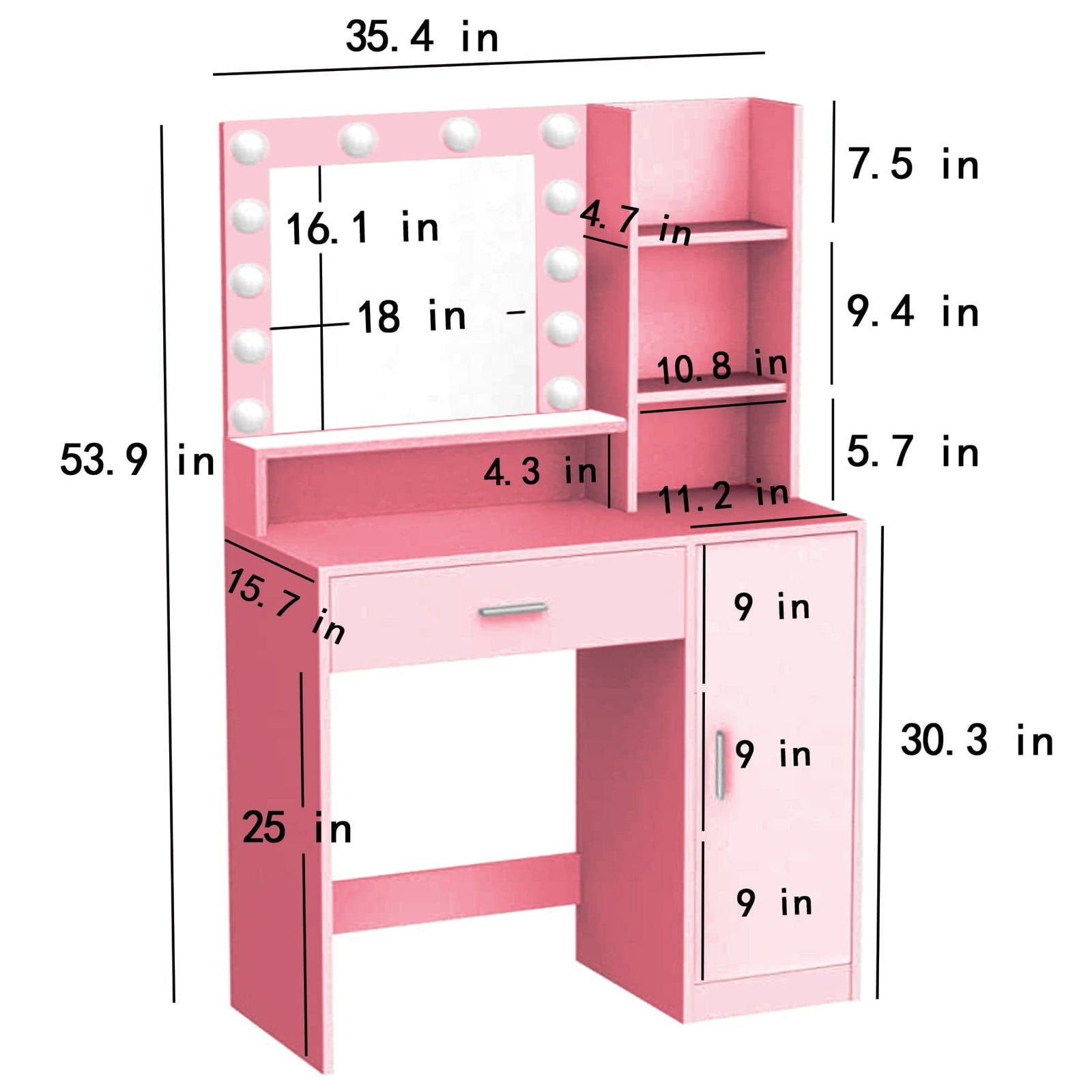 THE FURNITURE CO. Vanity Default Vanity Desk with Mirror & Light, Adjustable Brightness, Large Drawer Three Level Storage Dresser In Pink