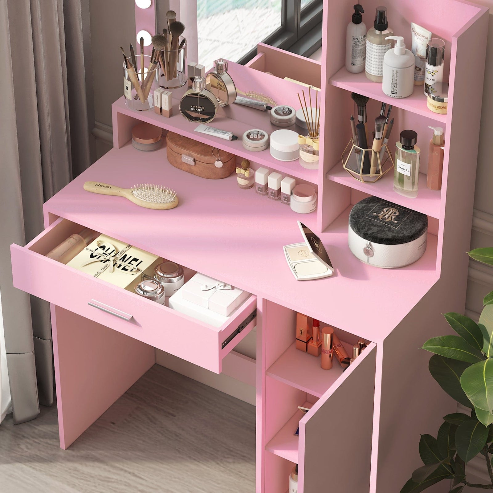 THE FURNITURE CO. Vanity Default Vanity Desk with Mirror & Light, Adjustable Brightness, Large Drawer Three Level Storage Dresser In Pink