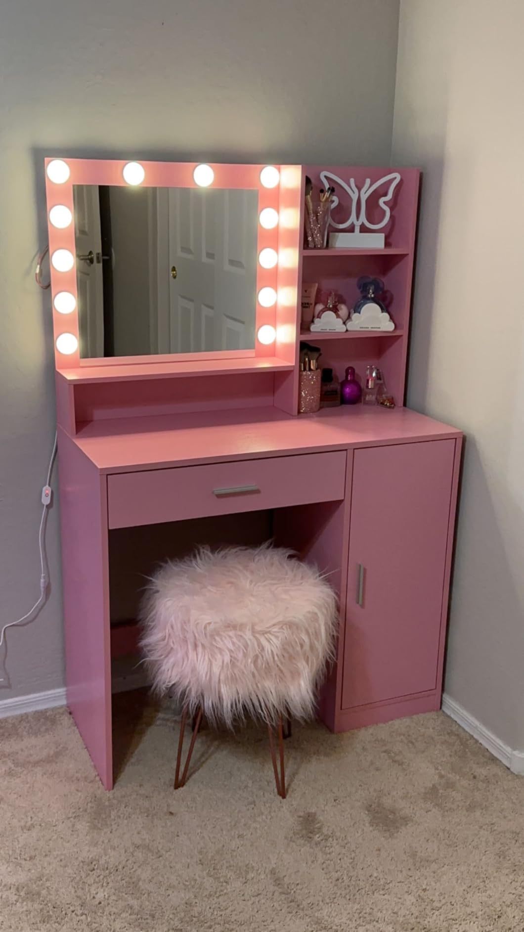 THE FURNITURE CO. Vanity Default Vanity Desk with Mirror & Light, Adjustable Brightness, Large Drawer Three Level Storage Dresser In Pink