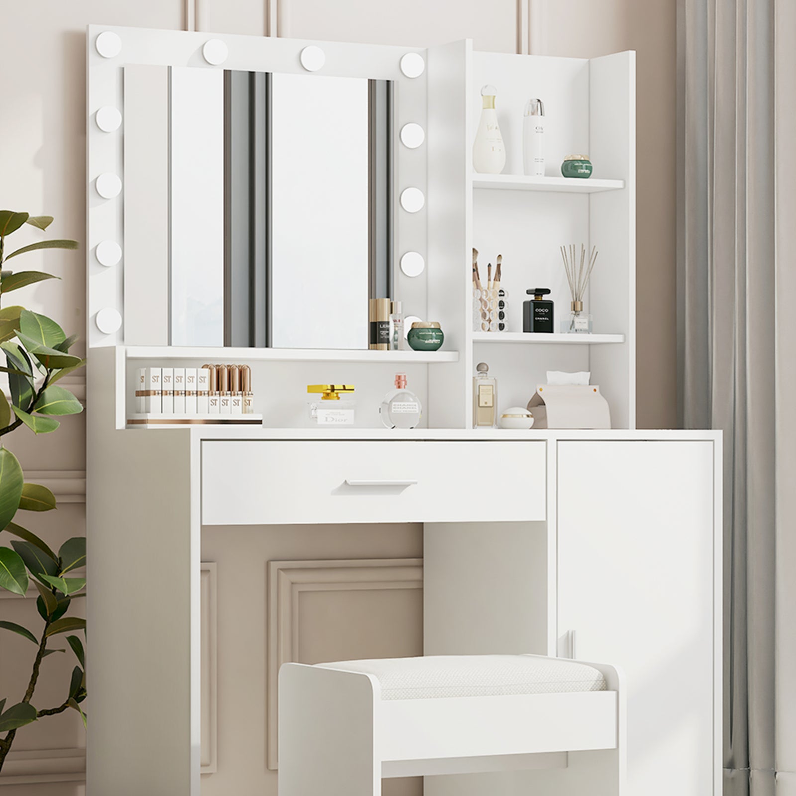 THE FURNITURE CO. Vanity Default Vanity Desk with Mirror & Light, Large Drawer Storage Dresser, 3 Adjustable Brightness Modes, Bedroom Dressing Table In White