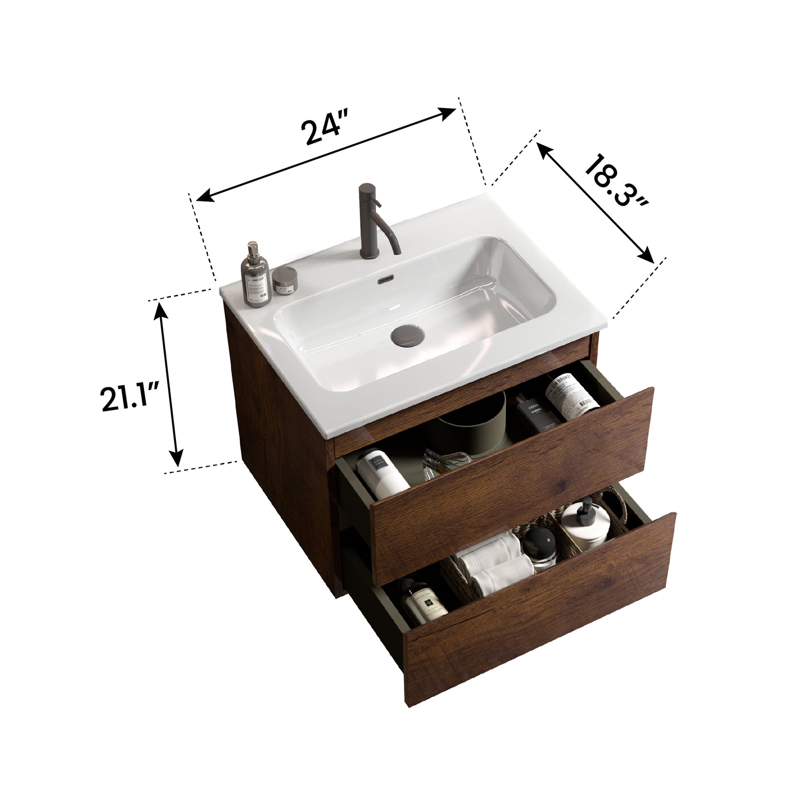 THE FURNITURE CO. Vanity Default Wall Mount 24 Walnut Bathroom Vanity with Ceramic Sink Large Storage Floating Design Pre-assembled In Walnut