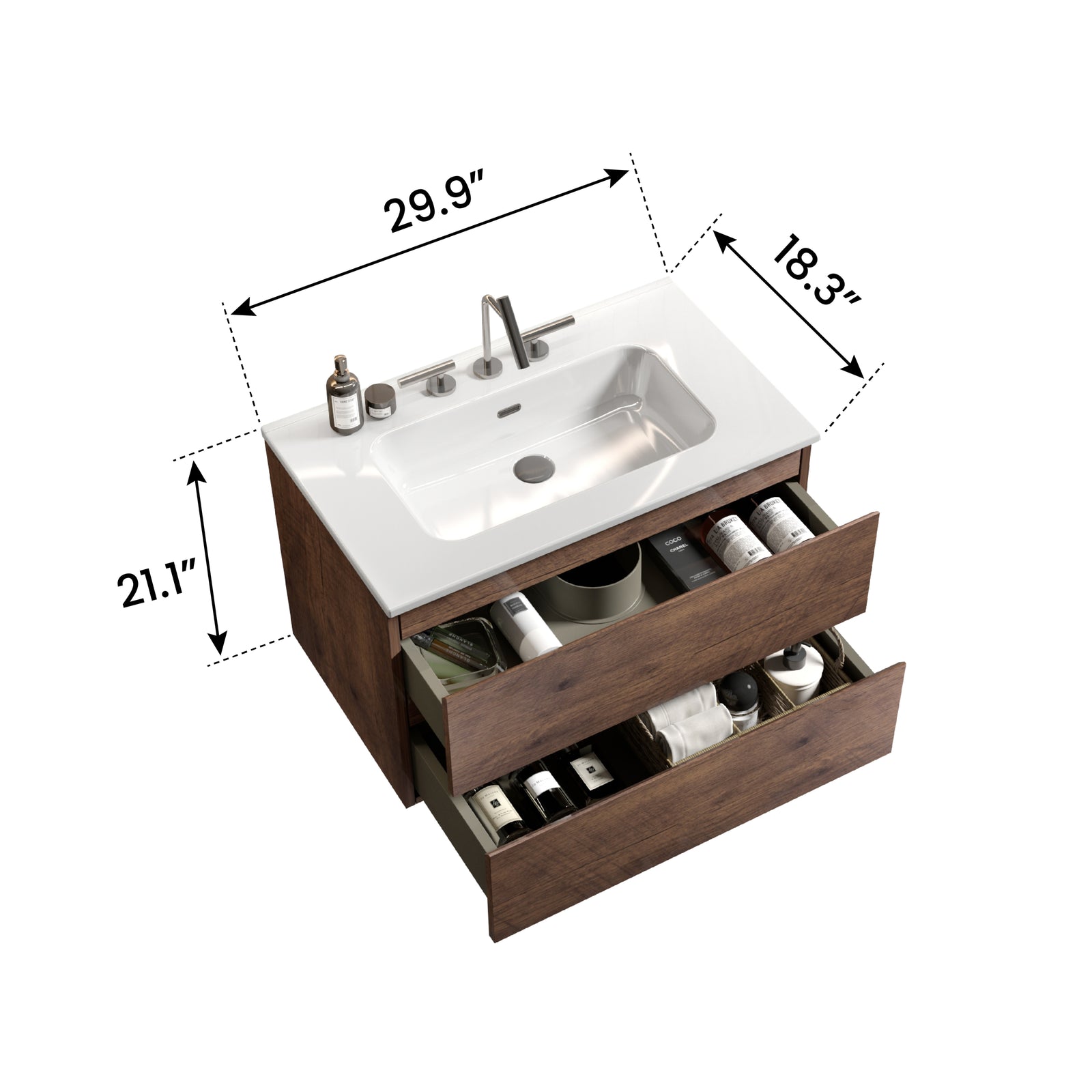 THE FURNITURE CO. Vanity Default Wall Mount 30' Walnut Bathroom Vanity with Ceramic Sink Large Storage Floating Vanity for Modern Bathroom In Walnut