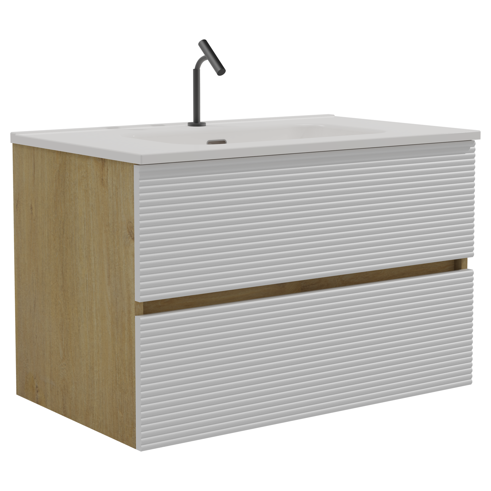 THE FURNITURE CO. Vanity Default Wall Mounted Snow White Matt Natural Oak Bathroom Vanity with Integrated Ceramic Sink Large Storage In Snow White and Light Oak