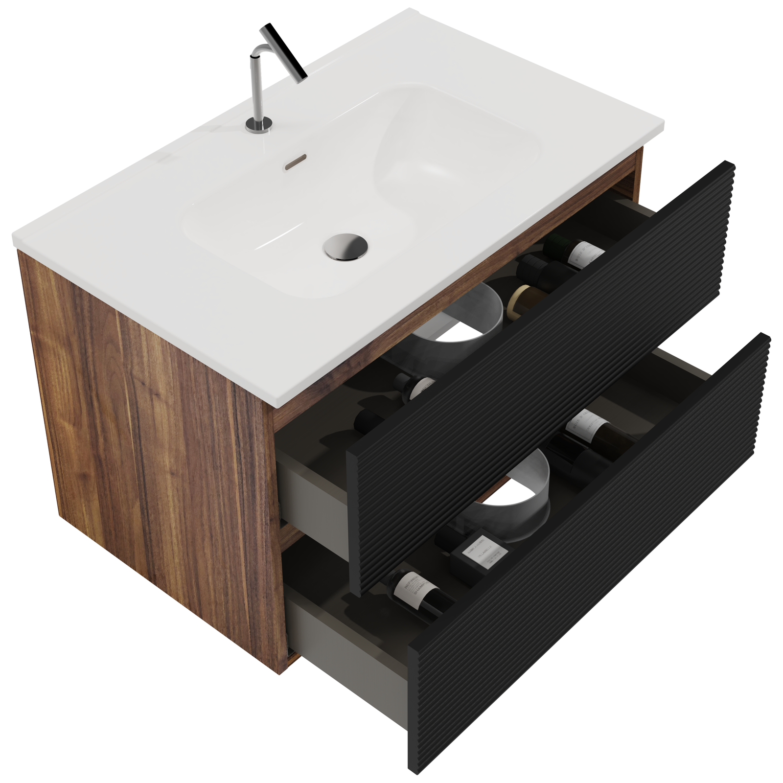 THE FURNITURE CO. Vanity Default Wall Mounted Soft Black Walnut Bathroom Vanity with Integrated Sink Large Storage Floating Design In Soft Black and Walnut