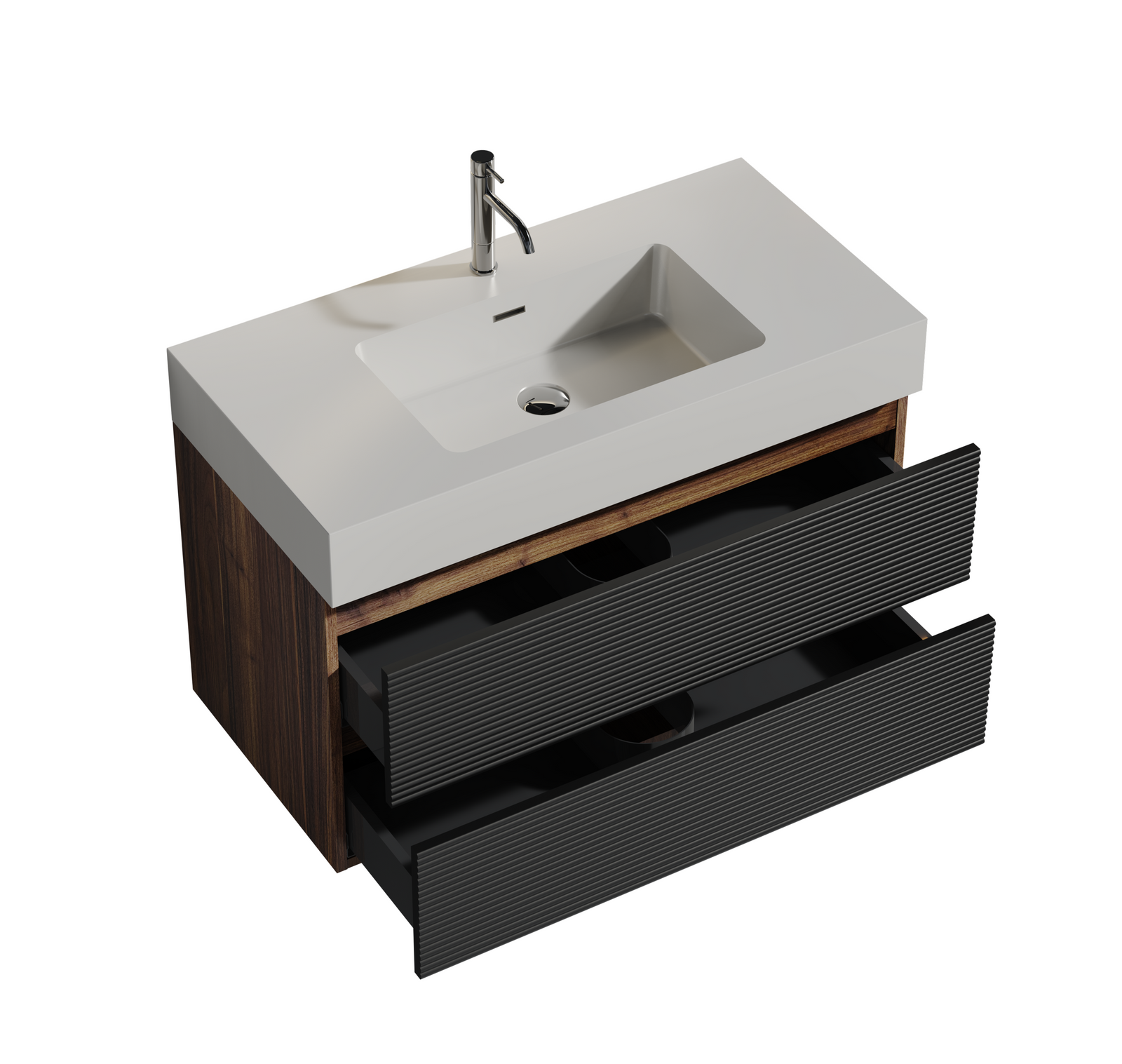 THE FURNITURE CO. Vanity Default Walnut Bathroom Vanity with Glossy White Sink Soft Black Drawers Wall Mounted Design In Walnut And Black